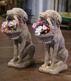 Pair of Vintage French Concrete Weathered Patinated Puppy Labrador Sculptures