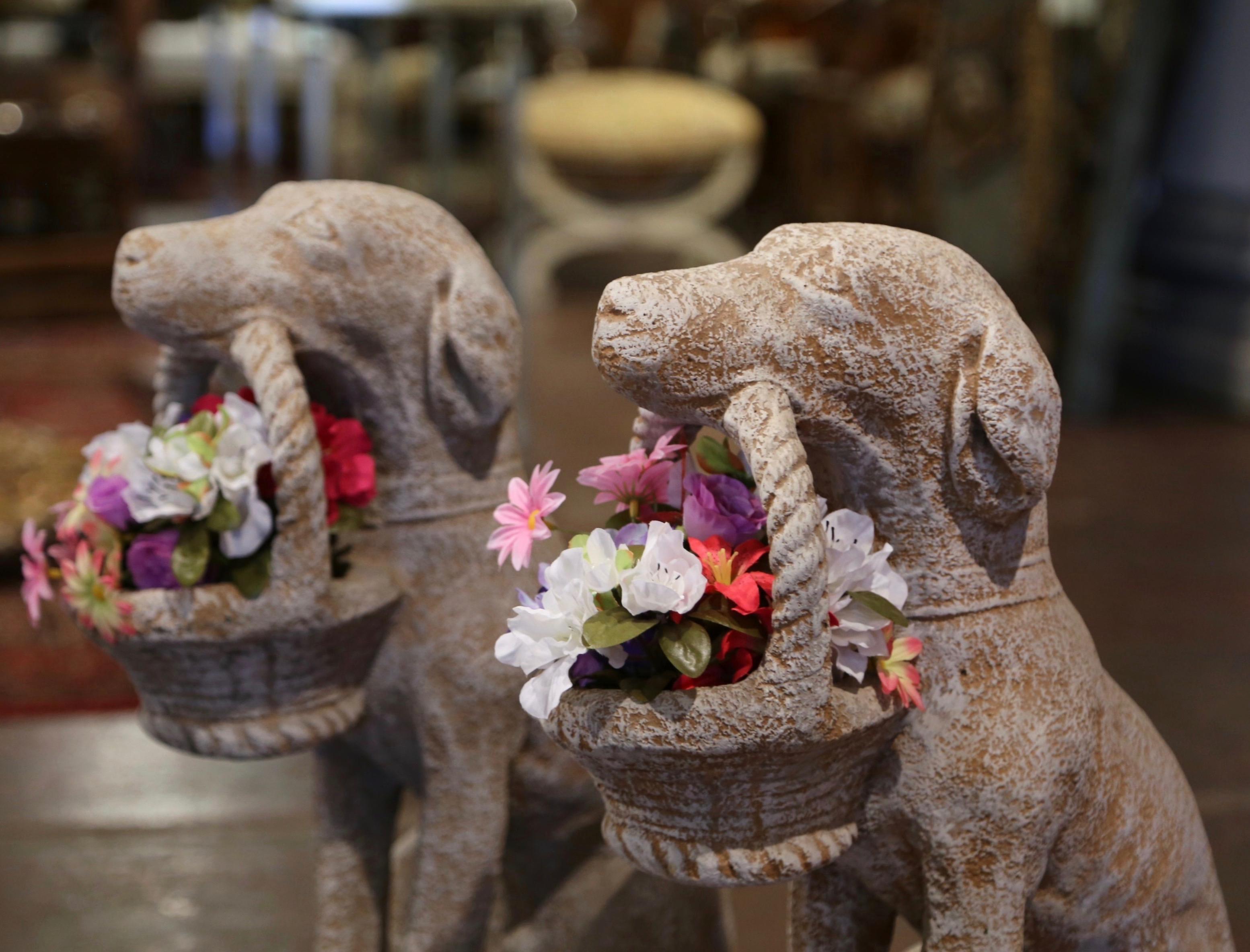 Pair of Vintage French Concrete Weathered Patinated Puppy Labrador Sculptures In Excellent Condition In Dallas, TX
