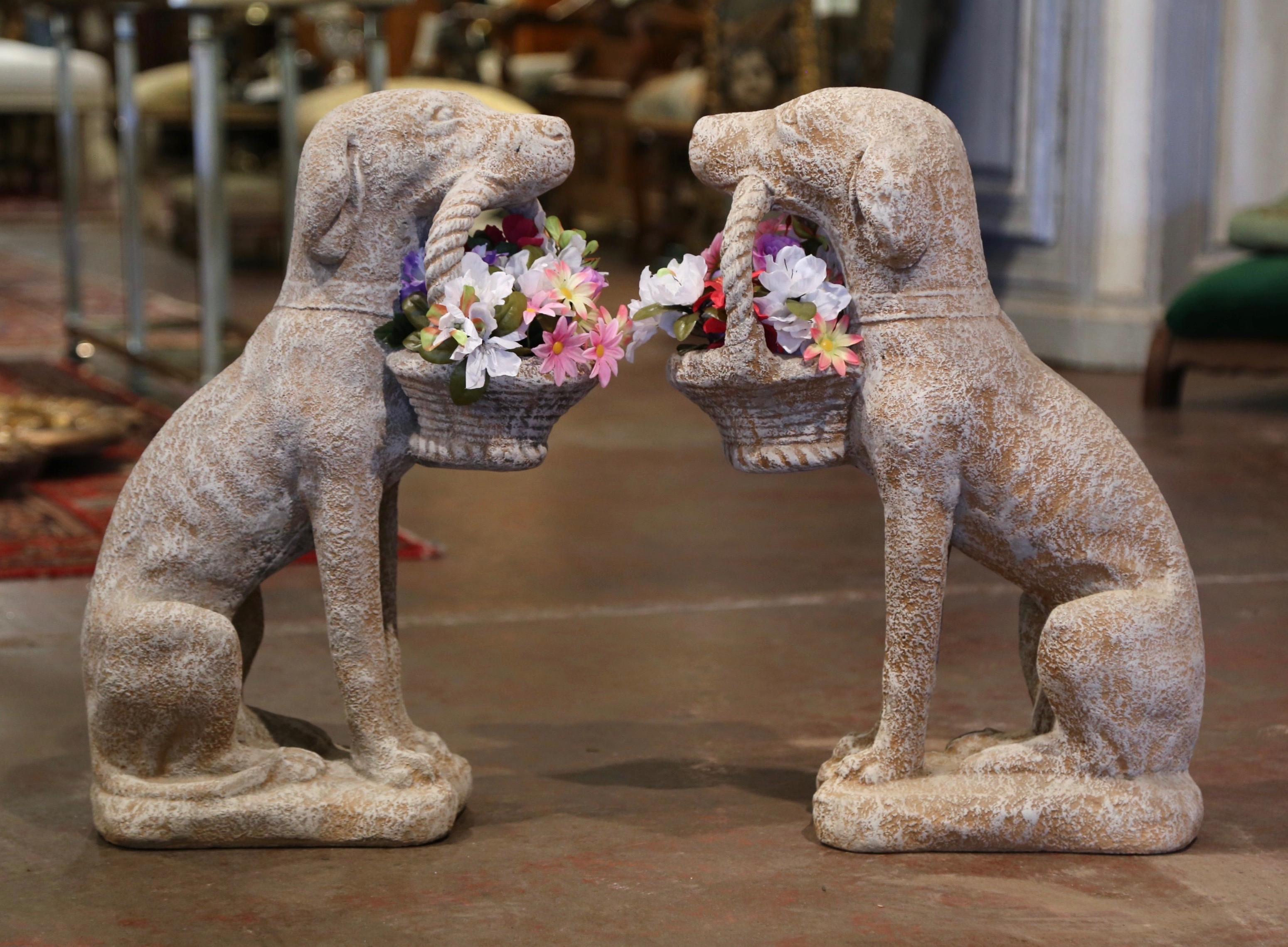 Pair of Vintage French Concrete Weathered Patinated Puppy Labrador Sculptures 2