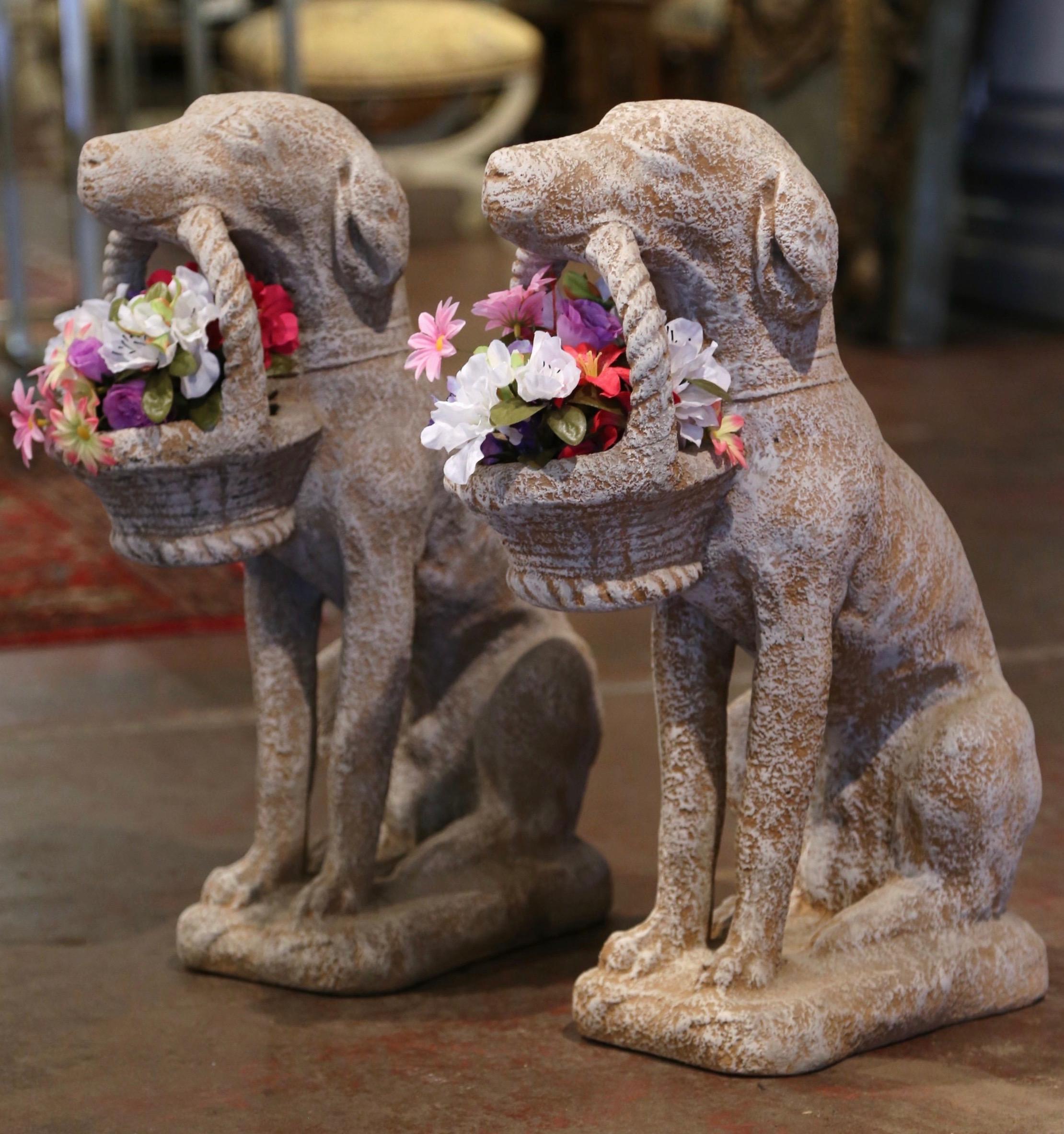 Pair of Vintage French Concrete Weathered Patinated Puppy Labrador Sculptures 3