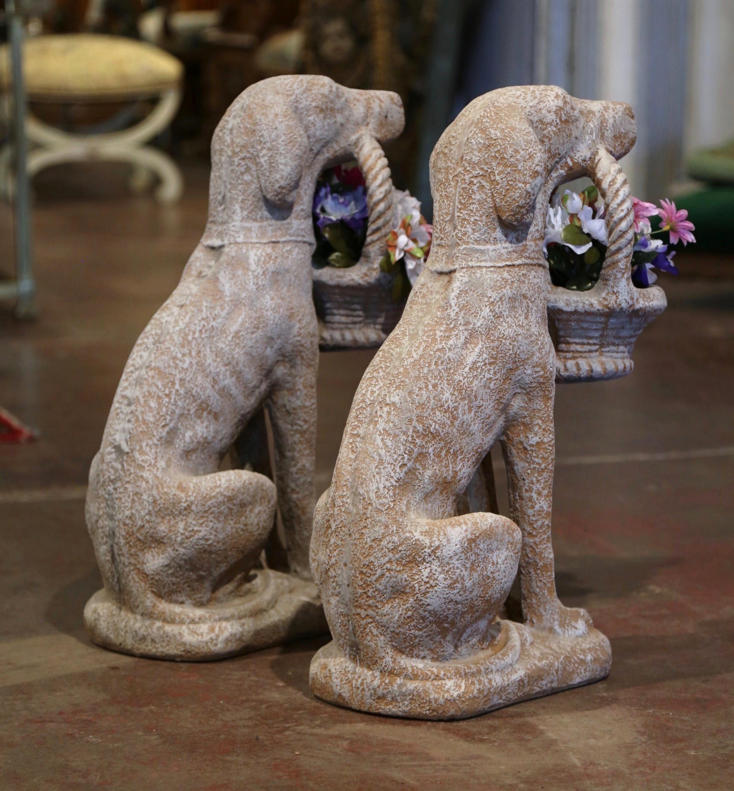 Pair of Vintage French Concrete Weathered Patinated Puppy Labrador Sculptures 4