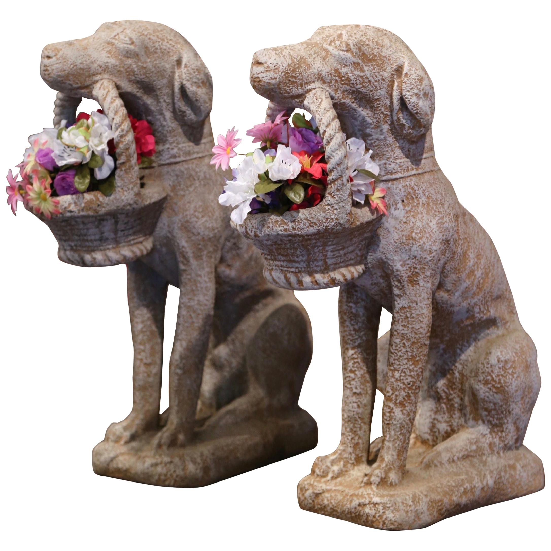 Pair of Vintage French Concrete Weathered Patinated Puppy Labrador Sculptures