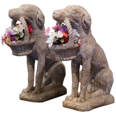 Pair of Vintage French Concrete Weathered Patinated Puppy Labrador Sculptures