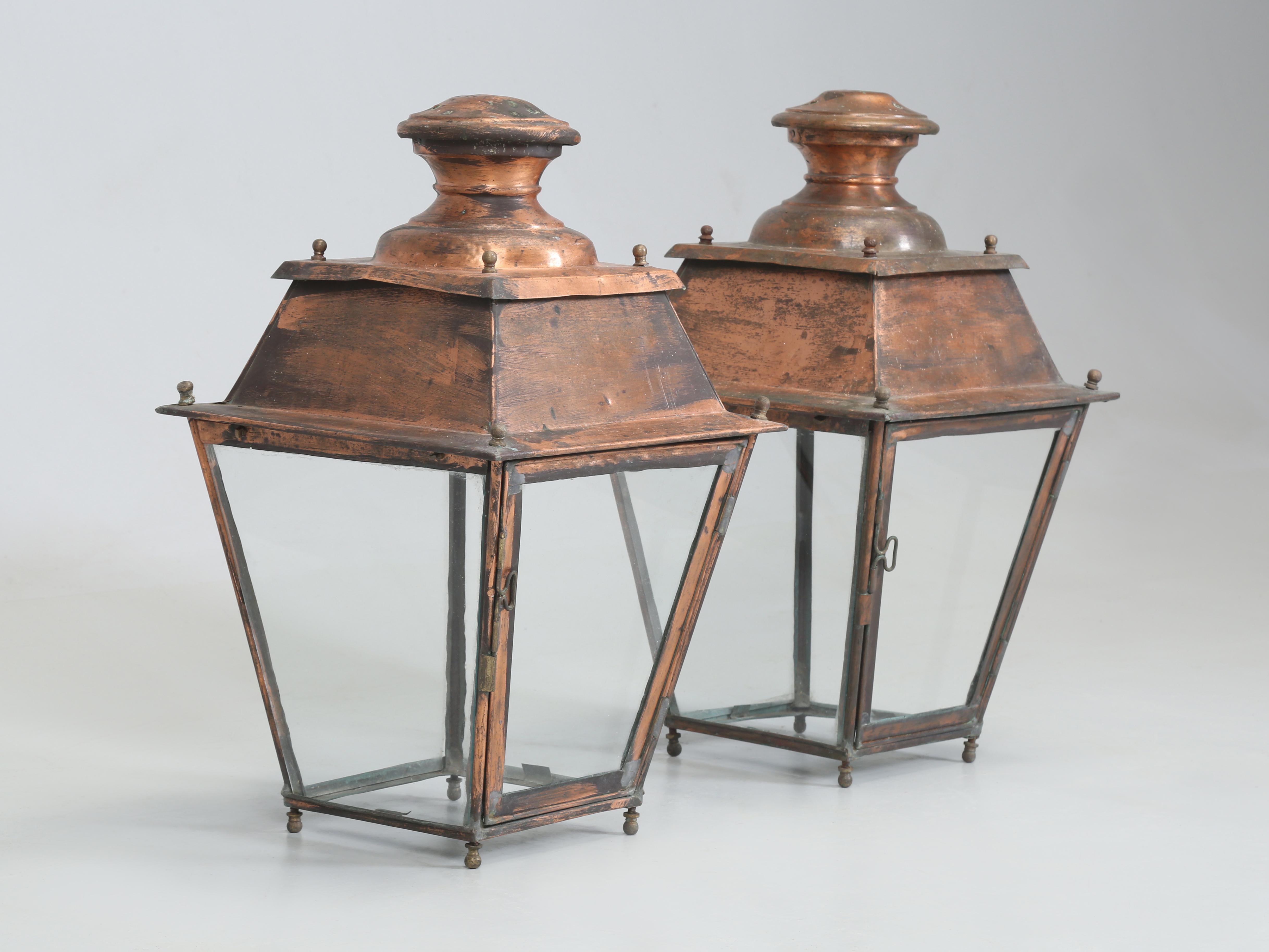 Country Pair of Vintage French Copper Lanterns from Toulouse France Unrestored Condition For Sale