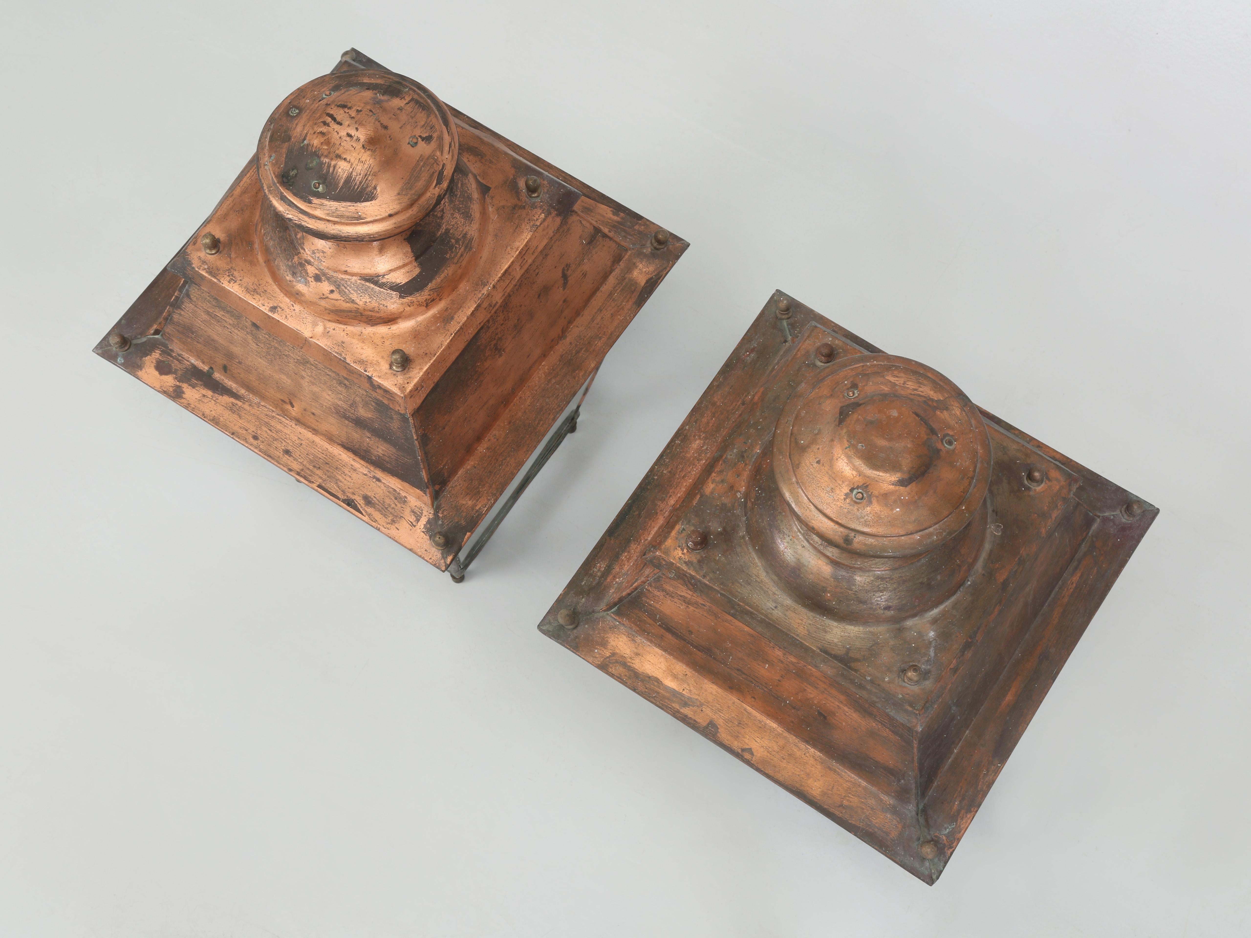 Hand-Crafted Pair of Vintage French Copper Lanterns from Toulouse France Unrestored Condition For Sale
