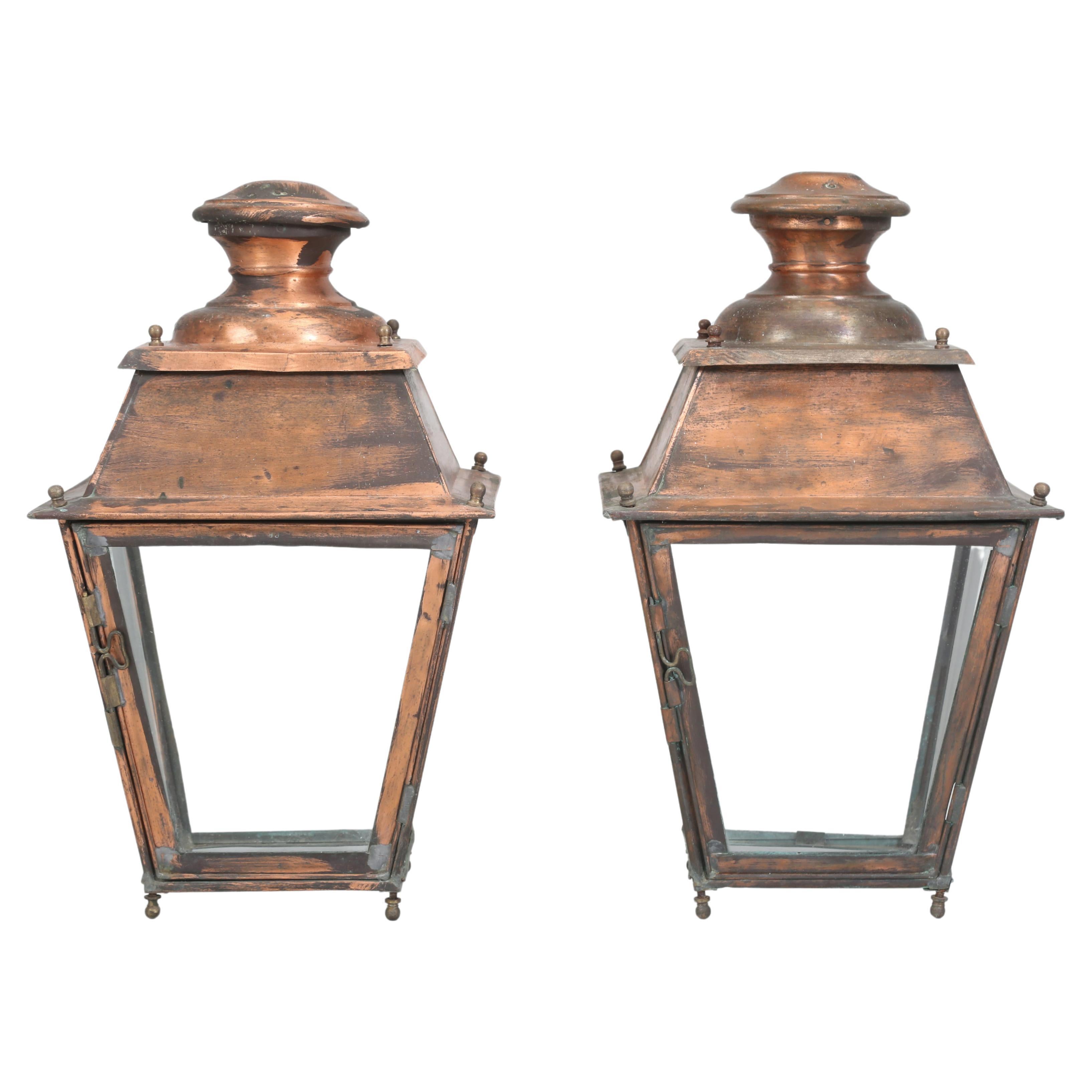 Pair of Vintage French Copper Lanterns from Toulouse France Unrestored Condition For Sale