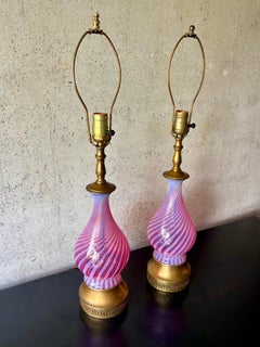 Pair of Vintage French Cranberry Opaline Glass Table Lamps with Gilt Bases