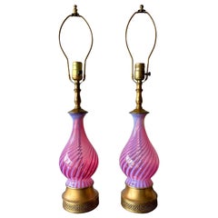 Pair of Vintage French Cranberry Opaline Glass Table Lamps with Gilt Bases
