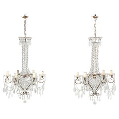 Matched Pair of Vintage French Crystal Chandeliers with Gilded Steel Frames