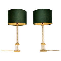 Pair of Vintage French Crystal Glass & Brass Table Lamps