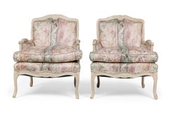 Pair of Vintage French Dusty Pink Floral Upholstered Bergeres / Armchairs