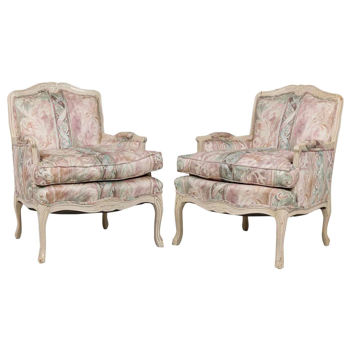Pair of Vintage French Dusty Pink Floral Upholstered Bergeres / Armchairs For Sale