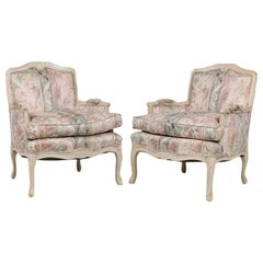 Pair of Vintage French Dusty Pink Floral Upholstered Bergeres / Armchairs
