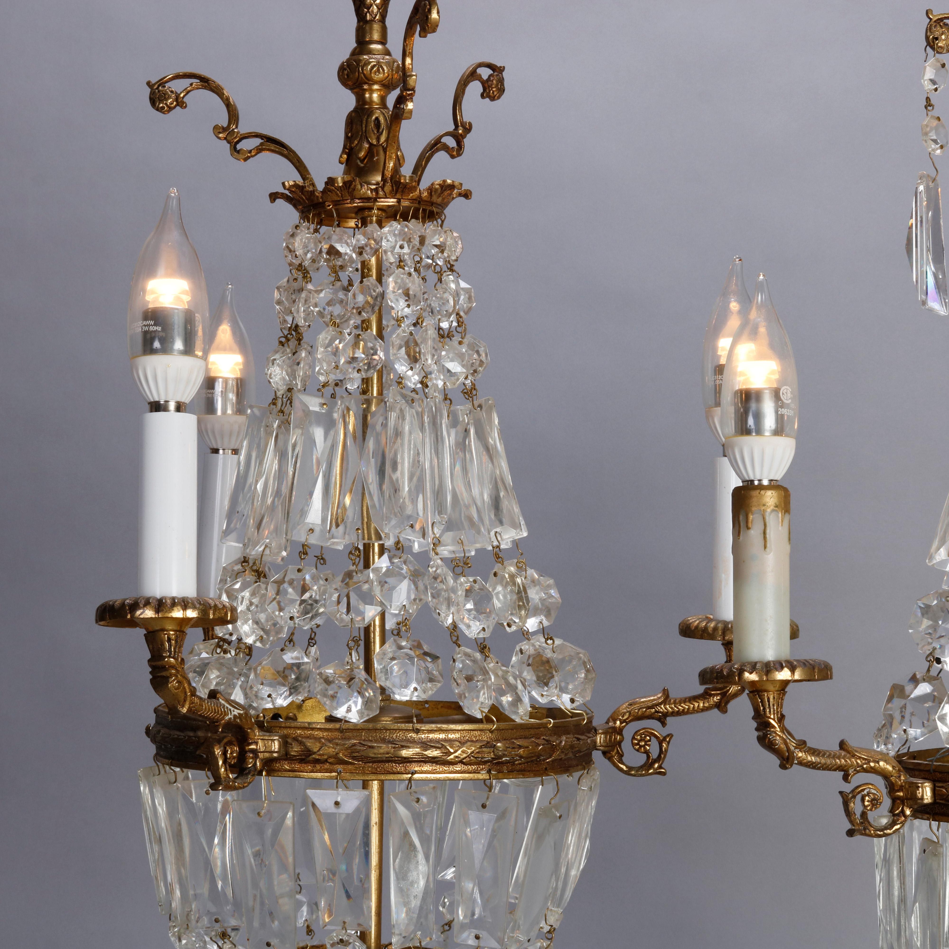 Pair of Vintage French Empire Brass and Crystal Candelabra Lamps, circa 1930 5
