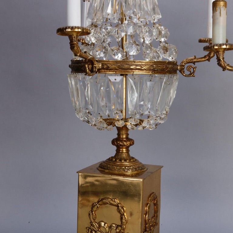 Pair of Vintage French Empire Brass and Crystal Candelabra Lamps, circa