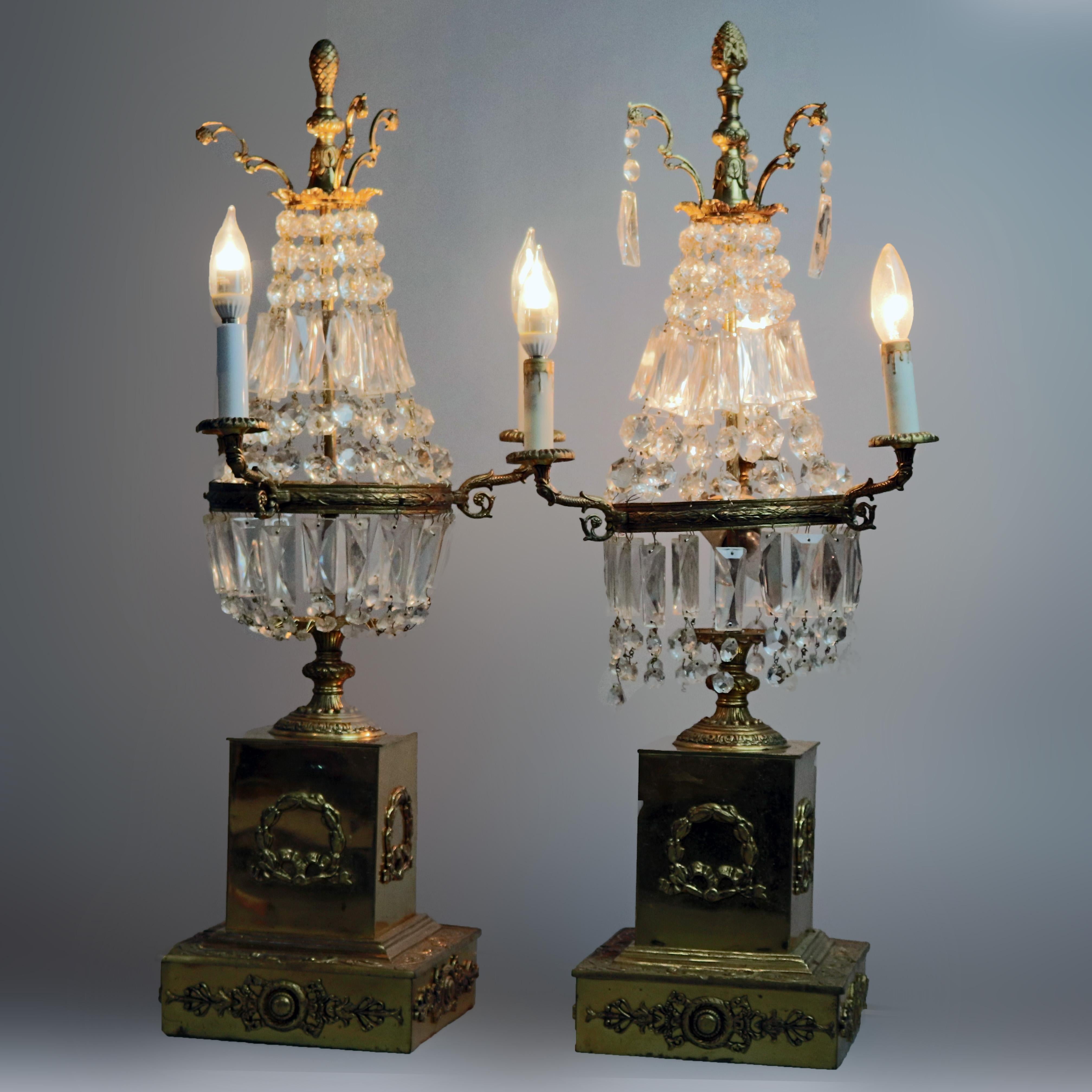 Louis XVI Pair of Vintage French Empire Brass and Crystal Candelabra Lamps, circa 1930