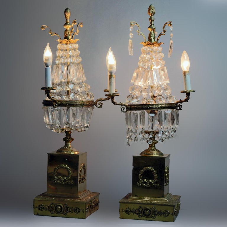 Pair of Vintage French Empire Brass and Crystal Candelabra Lamps, circa