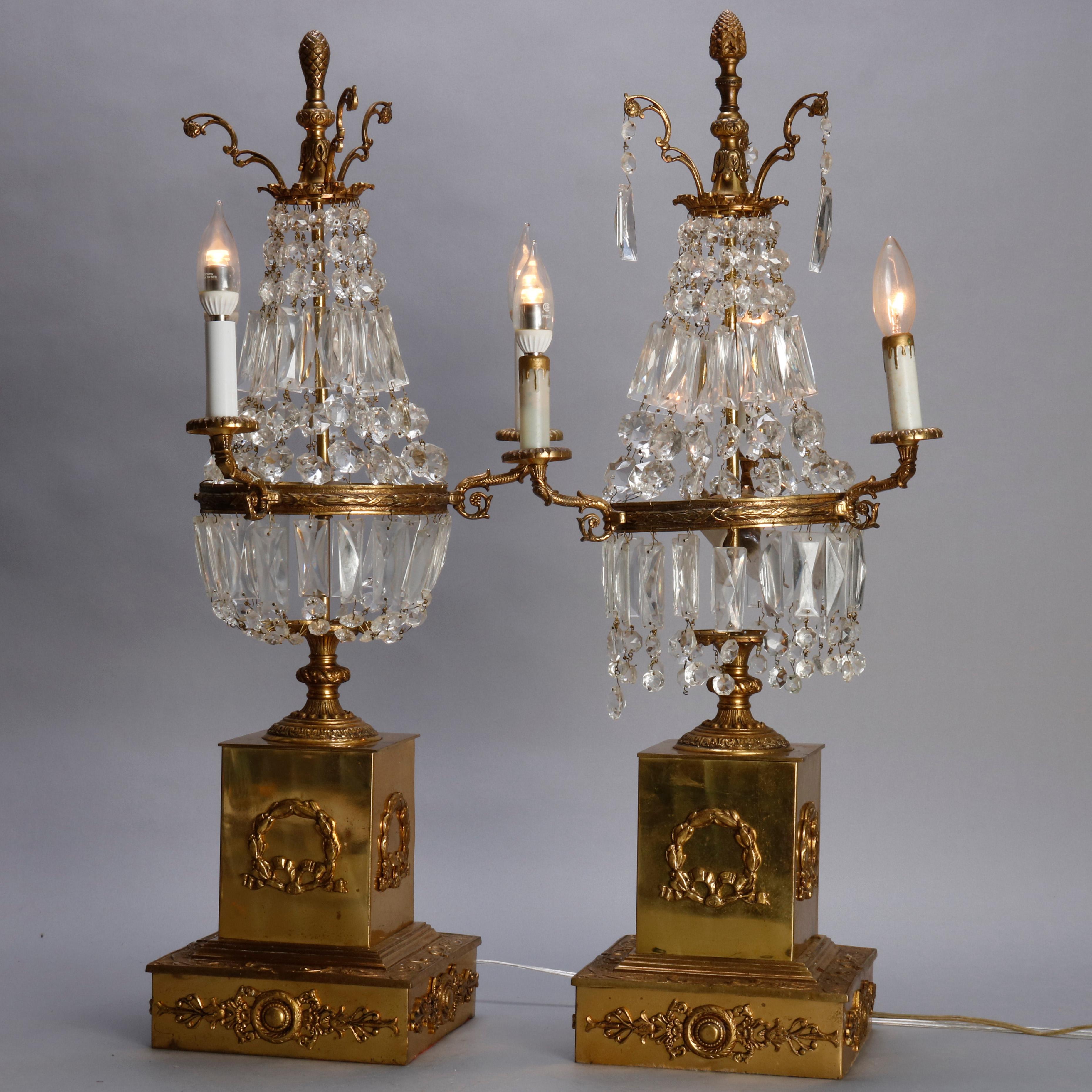 20th Century Pair of Vintage French Empire Brass and Crystal Candelabra Lamps, circa 1930