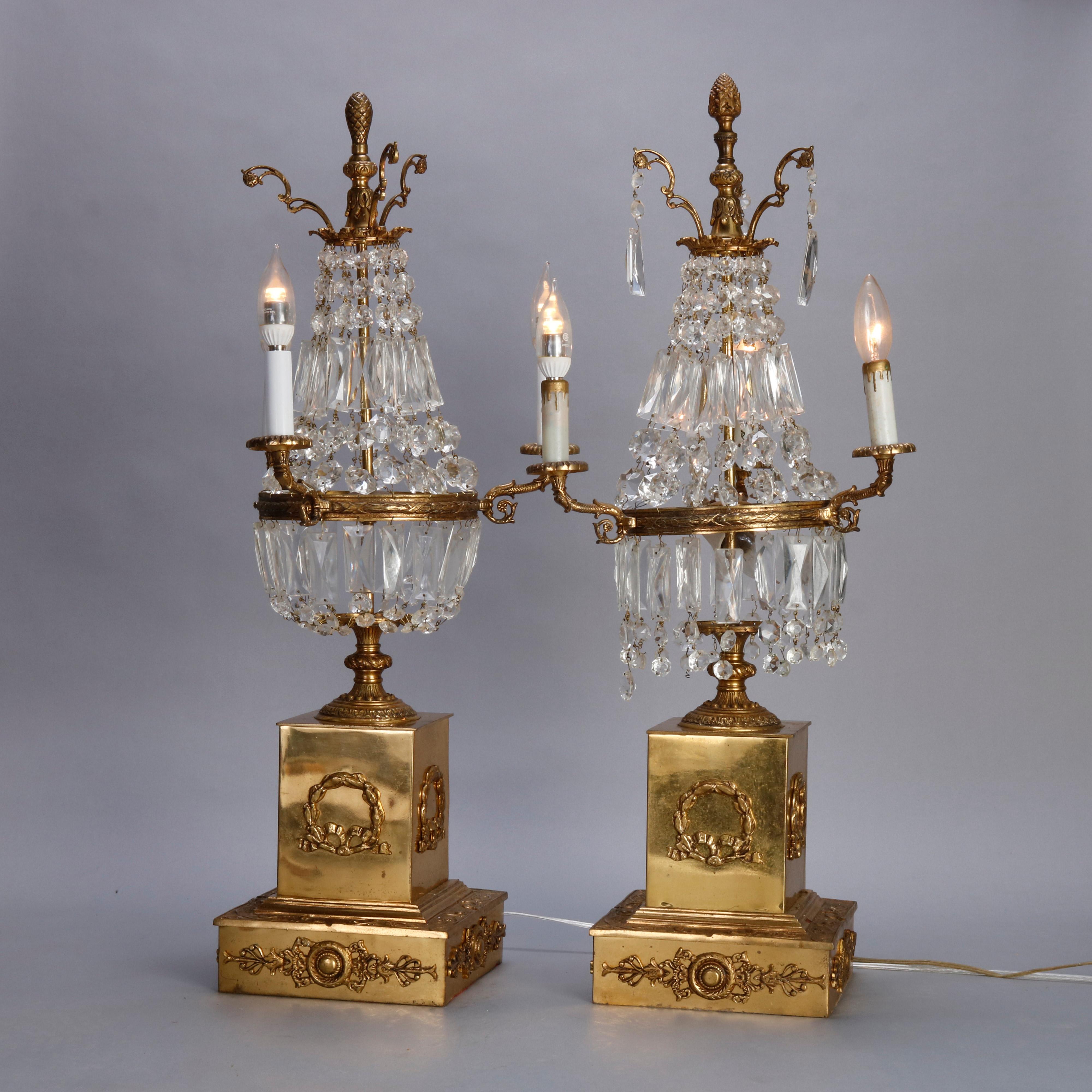 Pair of Vintage French Empire Brass and Crystal Candelabra Lamps, circa 1930 1