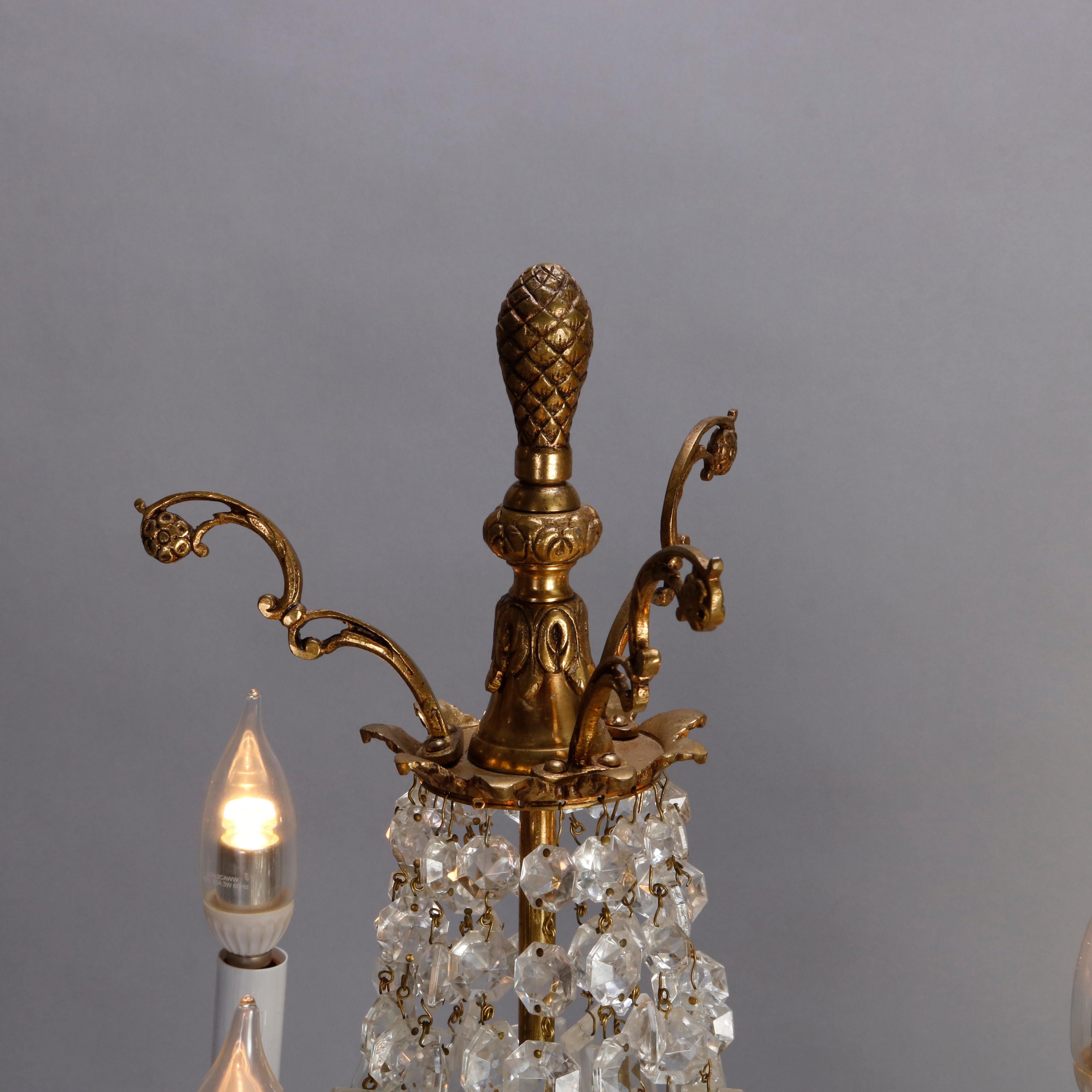 Pair of Vintage French Empire Brass and Crystal Candelabra Lamps, circa 1930 2