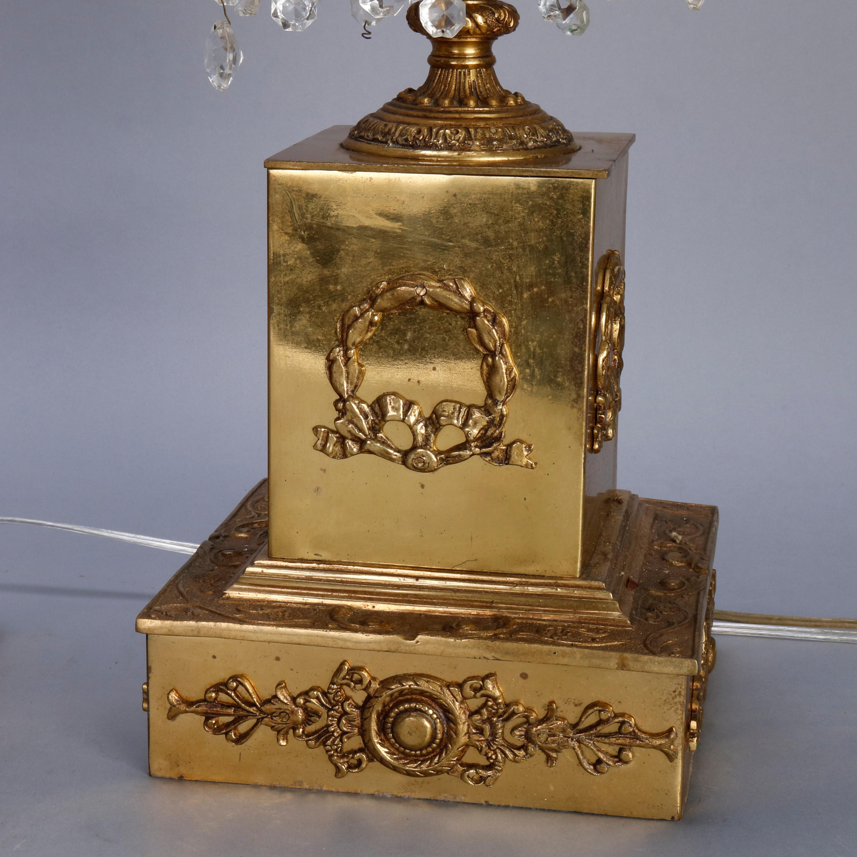 Pair of Vintage French Empire Brass and Crystal Candelabra Lamps, circa 1930 4