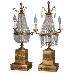 Pair of Vintage French Empire Brass and Crystal Candelabra Lamps, circa 1930