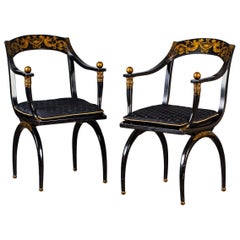 Pair of Vintage French Empire Chapuis Ebonized Gilt Chairs, circa 1950