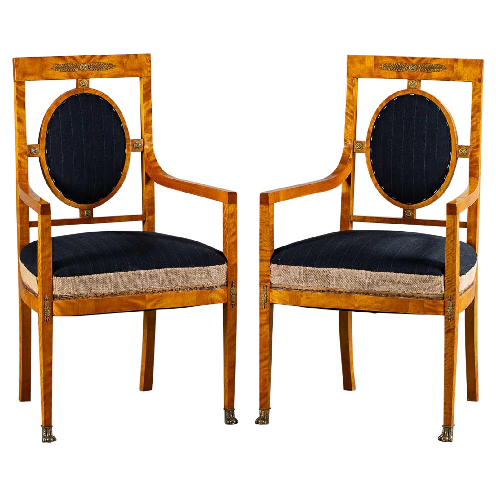 Pair of Vintage French Empire Revival Birchwood Chairs Original Upholstery