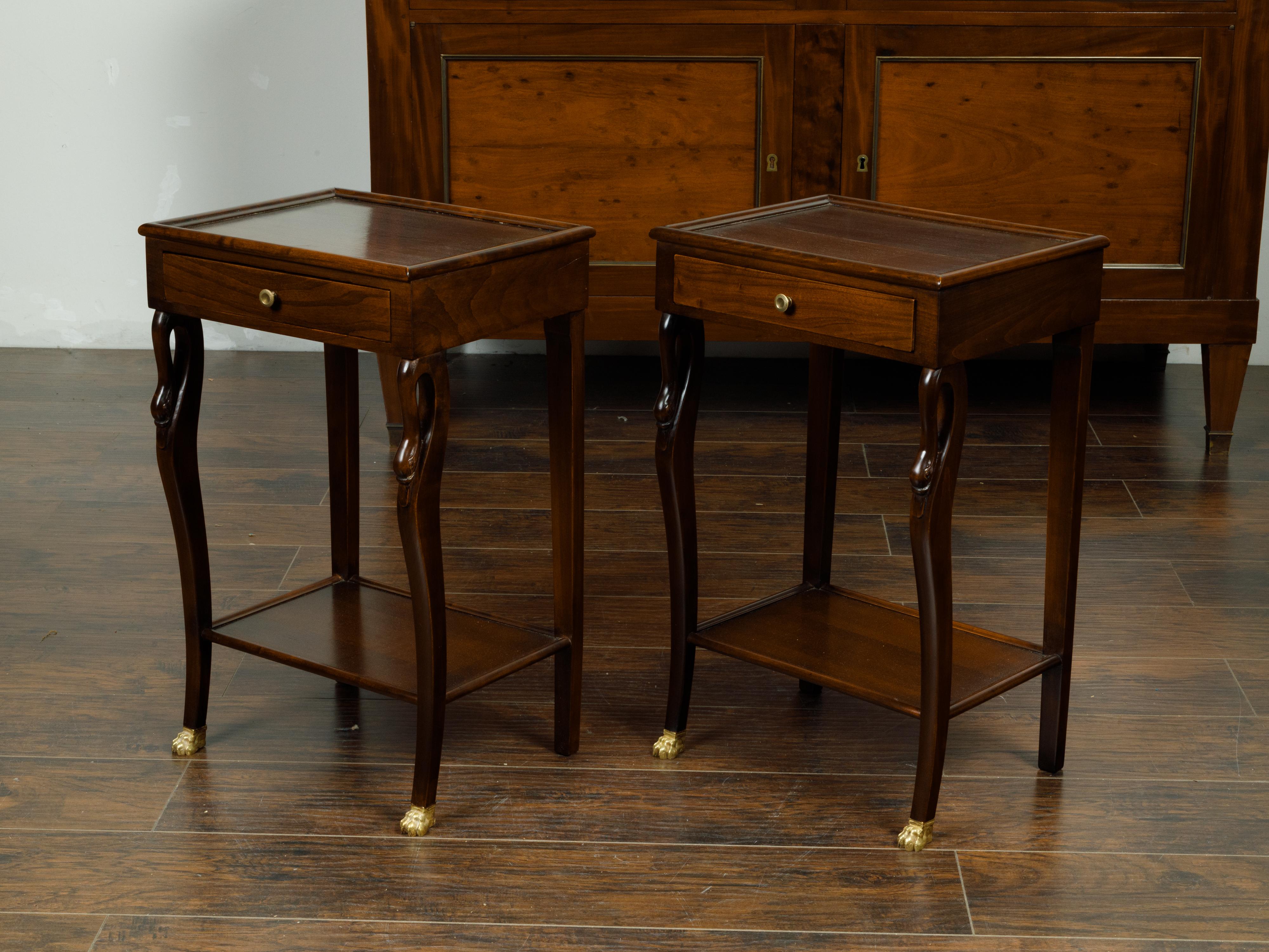 Pair of Vintage French Empire Style Mahogany Bedside Tables with Swan Motifs In Good Condition In Atlanta, GA