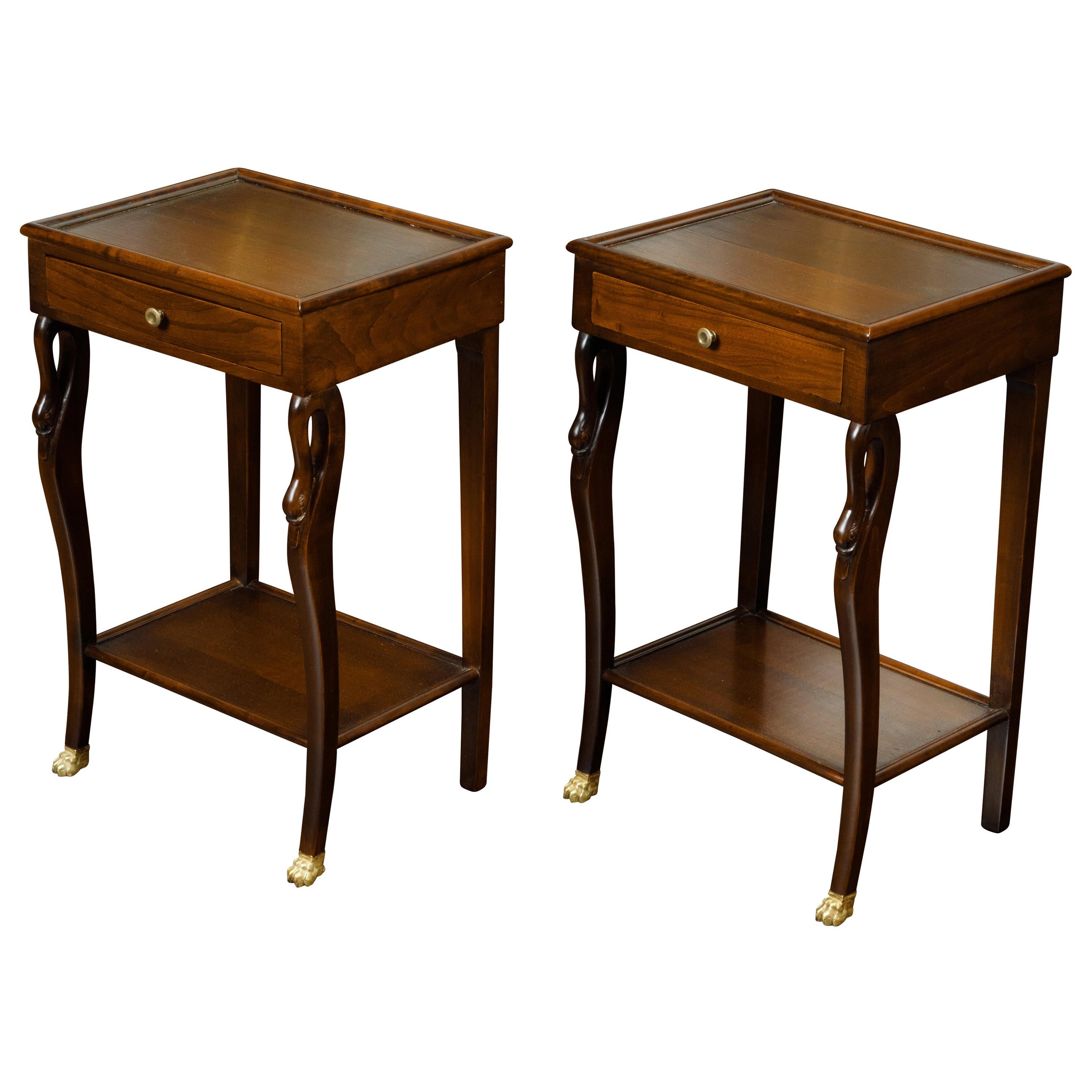 Pair of Vintage French Empire Style Mahogany Bedside Tables with Swan Motifs