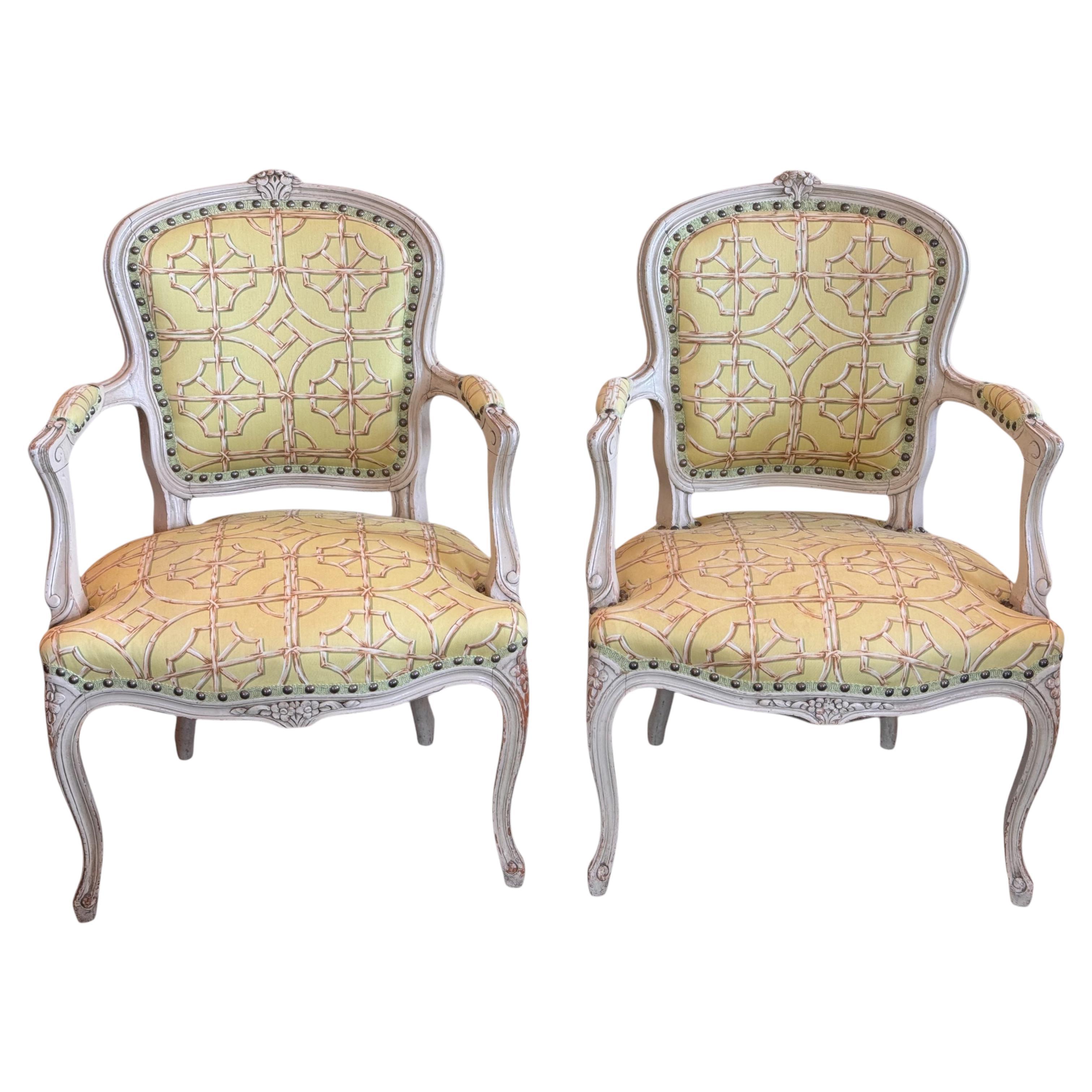 Pair of Vintage French Fauteuils With Carved Frames