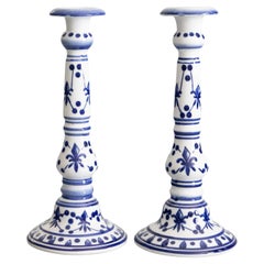 Pair of Vintage French Fleur-de-lis Blue & White Porcelain Candlesticks
