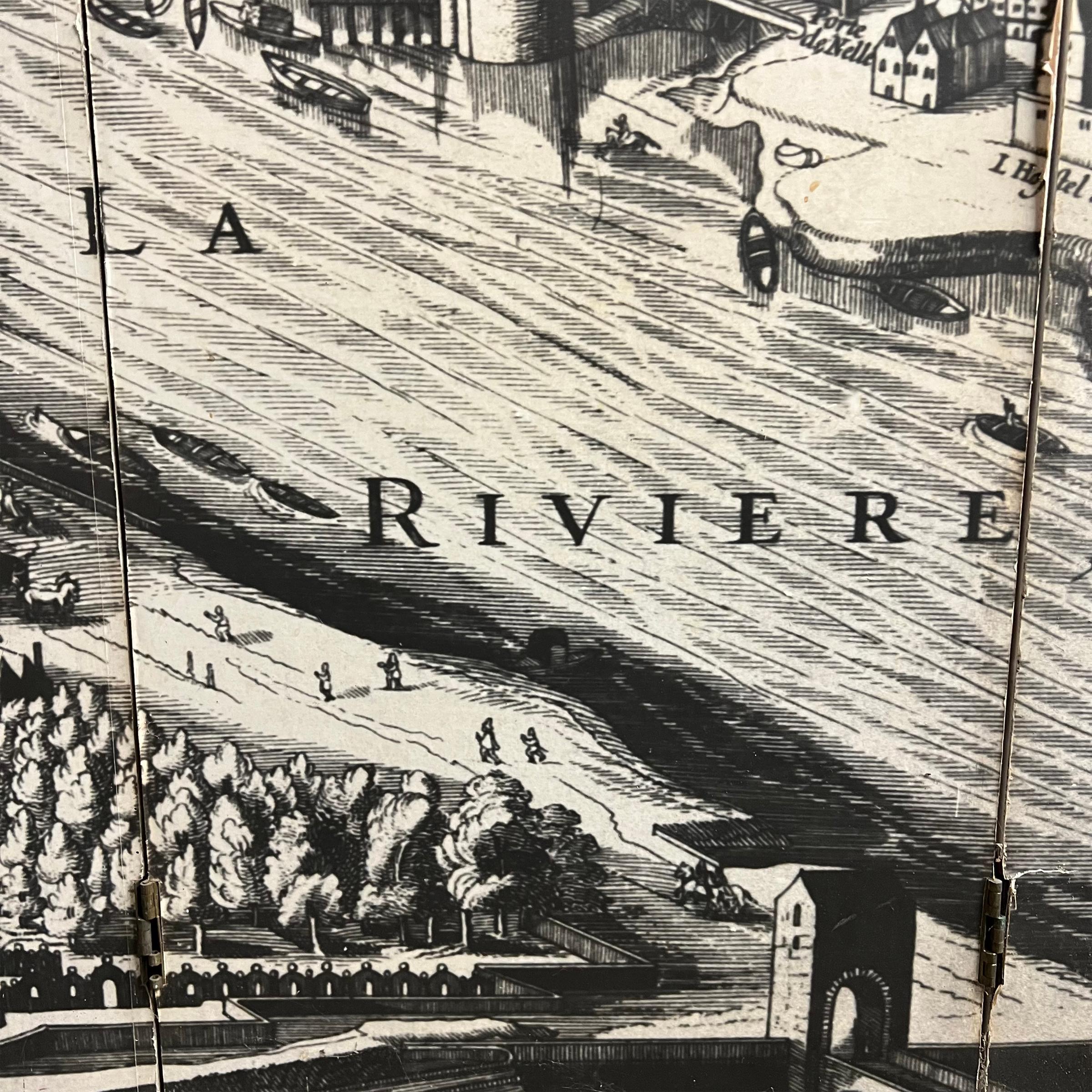 Paire de paravents français vintage représentant une carte de Paris du 18ème siècle 9