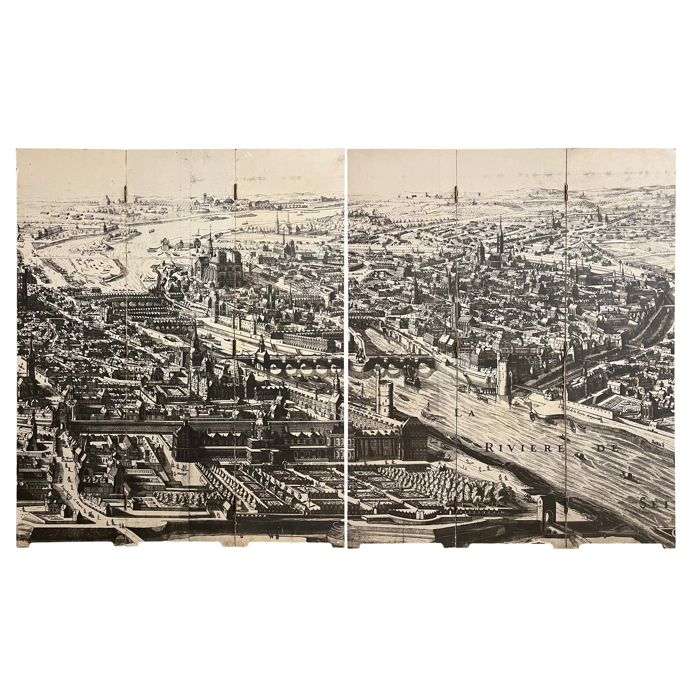 Mid-Century Modern Pair of Vintage French Folding Screens Depicting a Map of 18th Century Paris