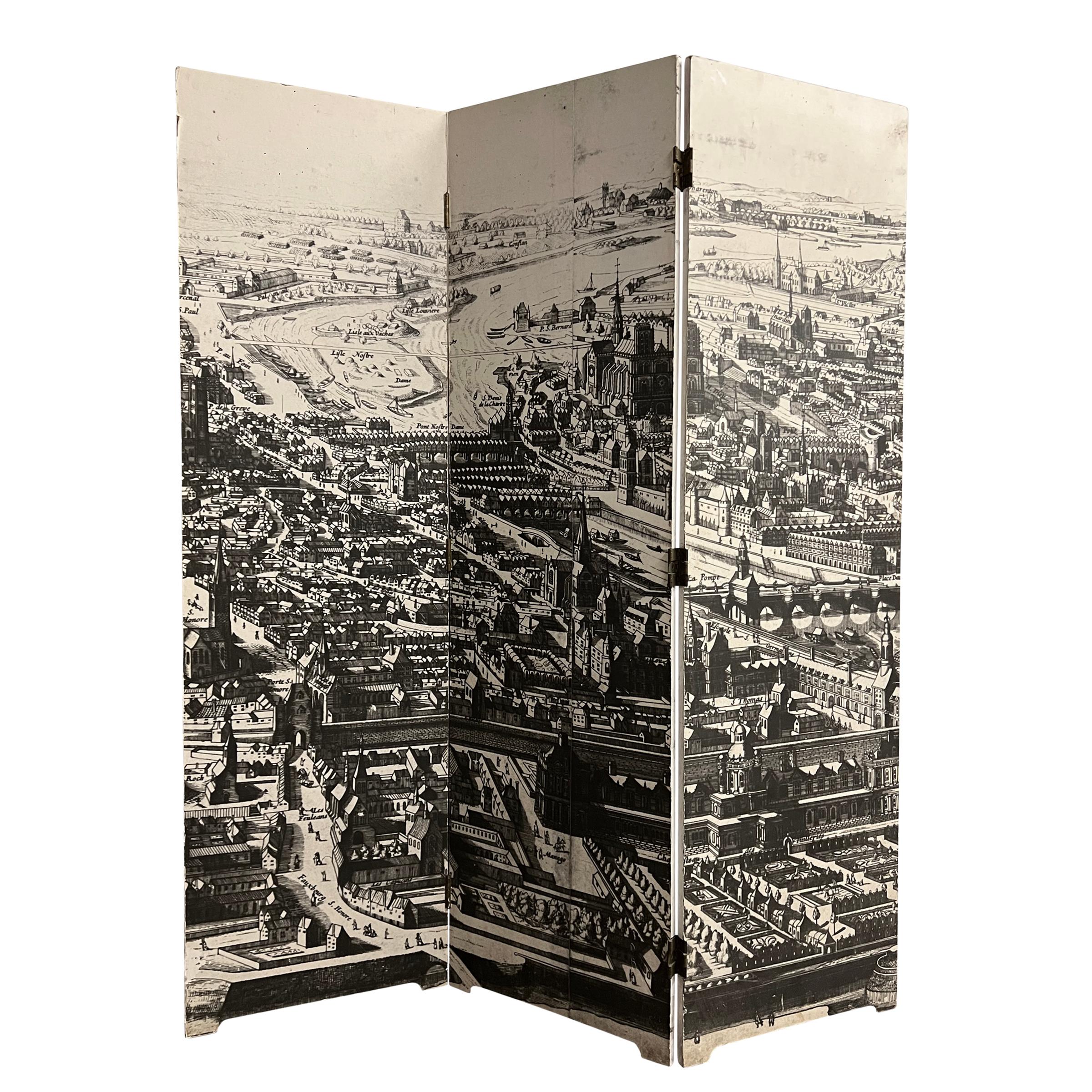 20th Century Pair of Vintage French Folding Screens Depicting a Map of 18th Century Paris