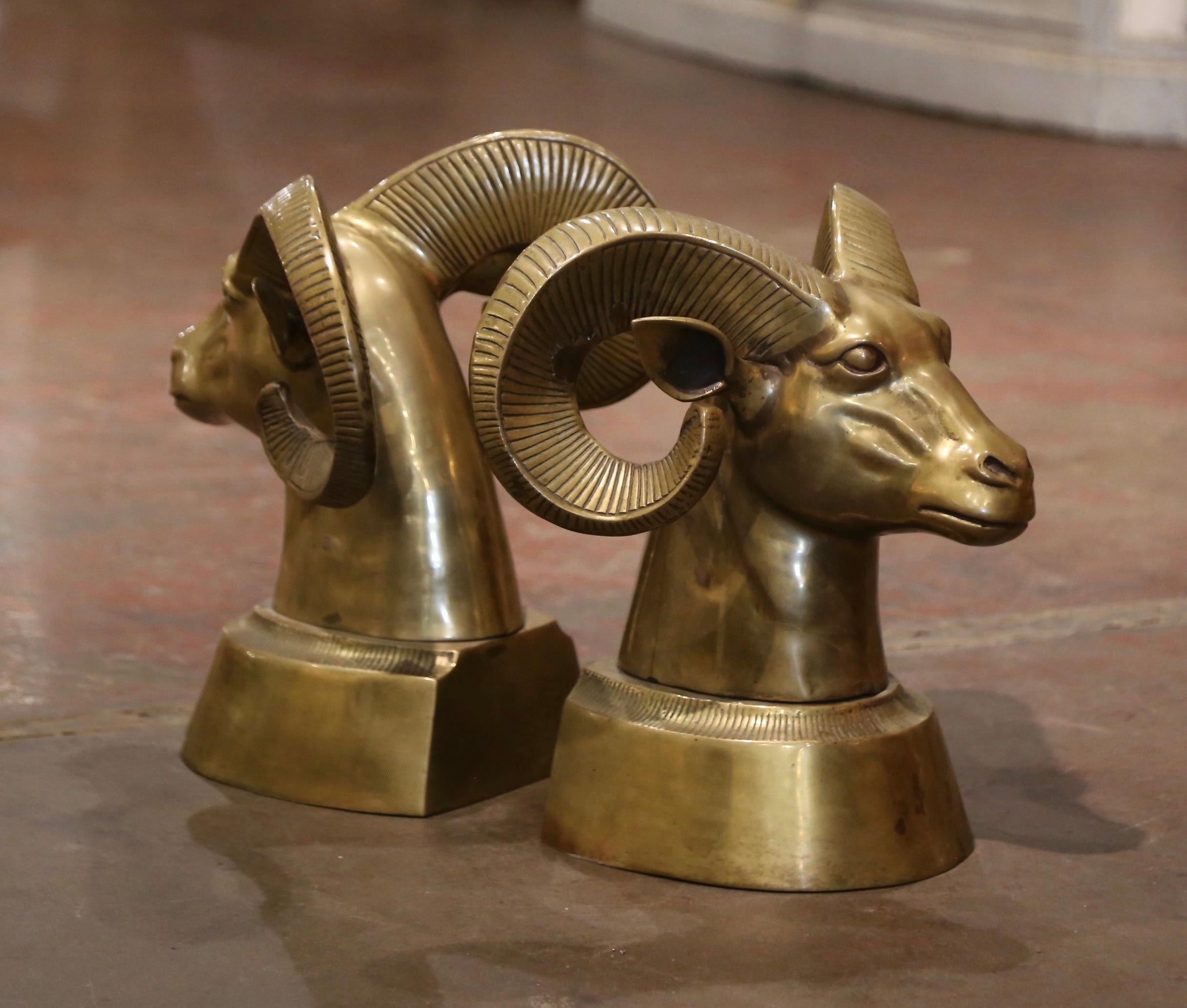 Pair of Vintage French Gilt Brass Ram Head Sculptures In Excellent Condition For Sale In Dallas, TX