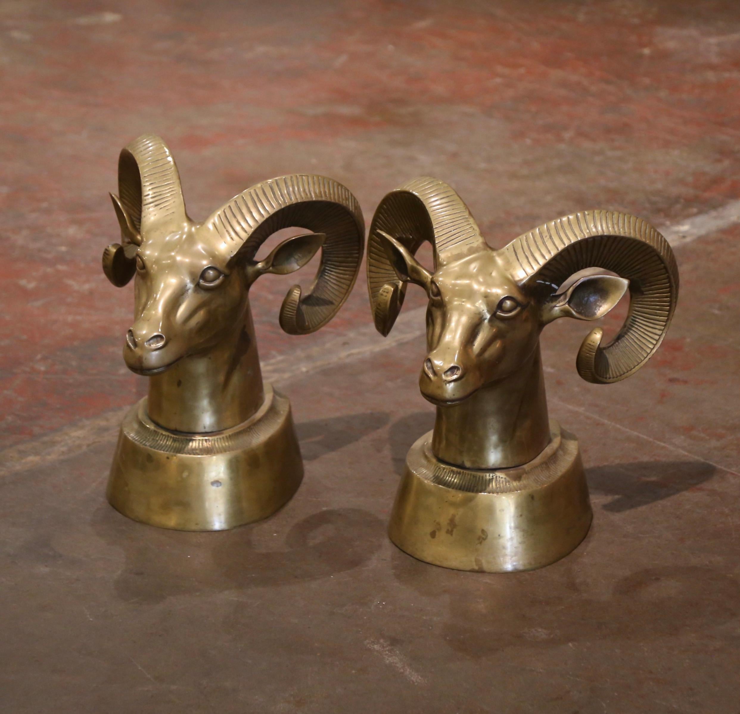 20th Century Pair of Vintage French Gilt Brass Ram Head Sculptures For Sale