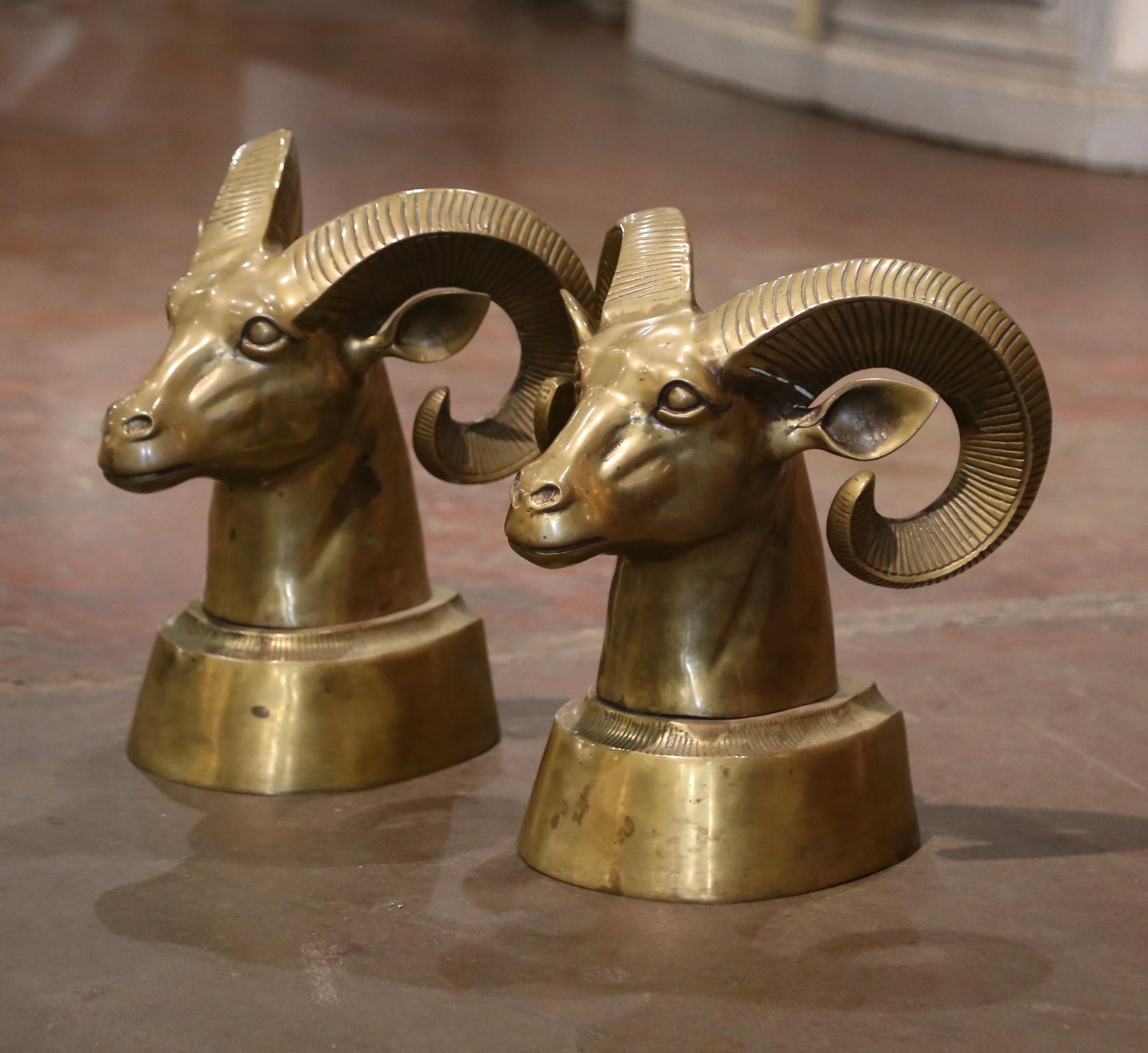Pair of Vintage French Gilt Brass Ram Head Sculptures For Sale 1
