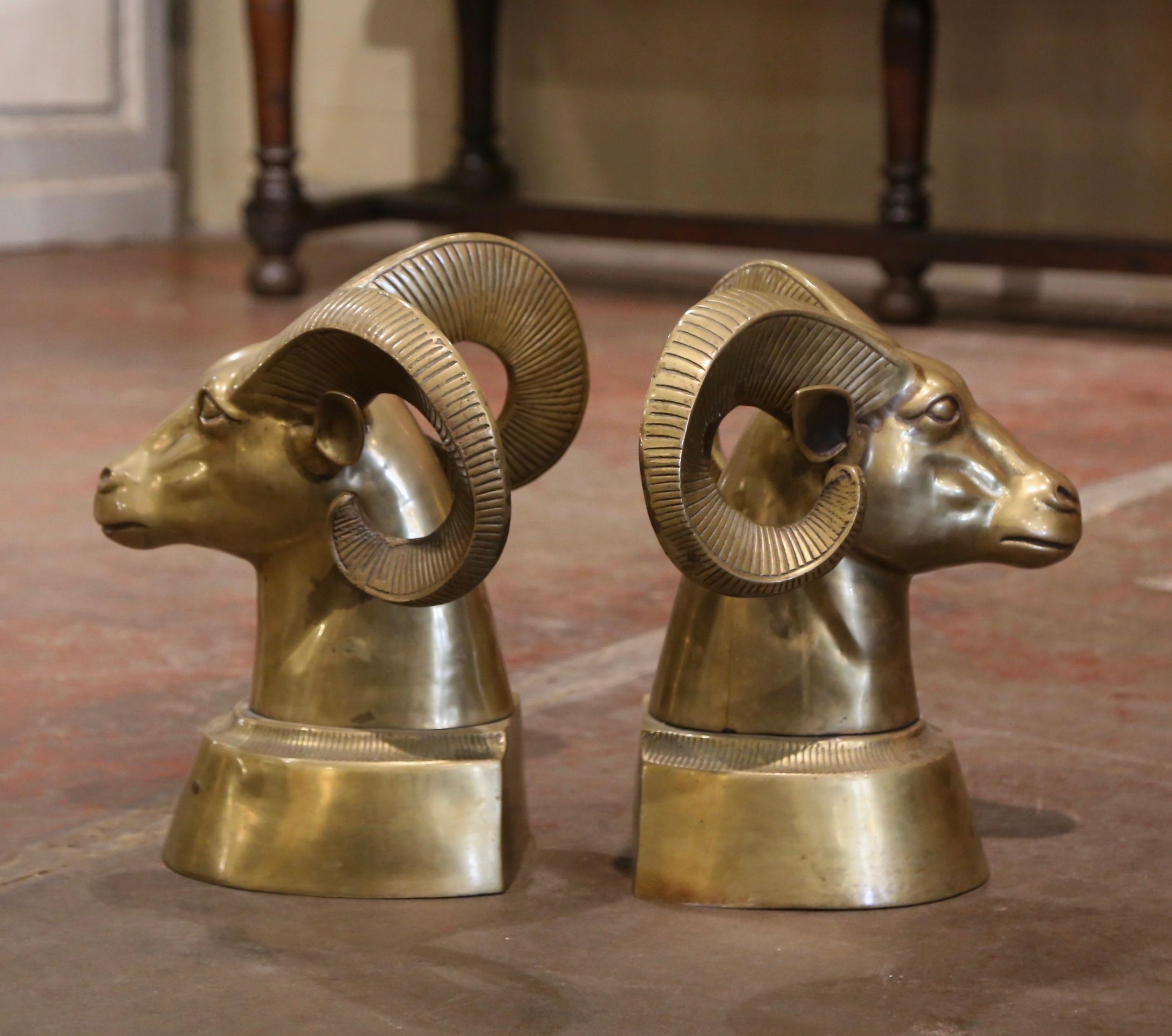 Pair of Vintage French Gilt Brass Ram Head Sculptures For Sale 2