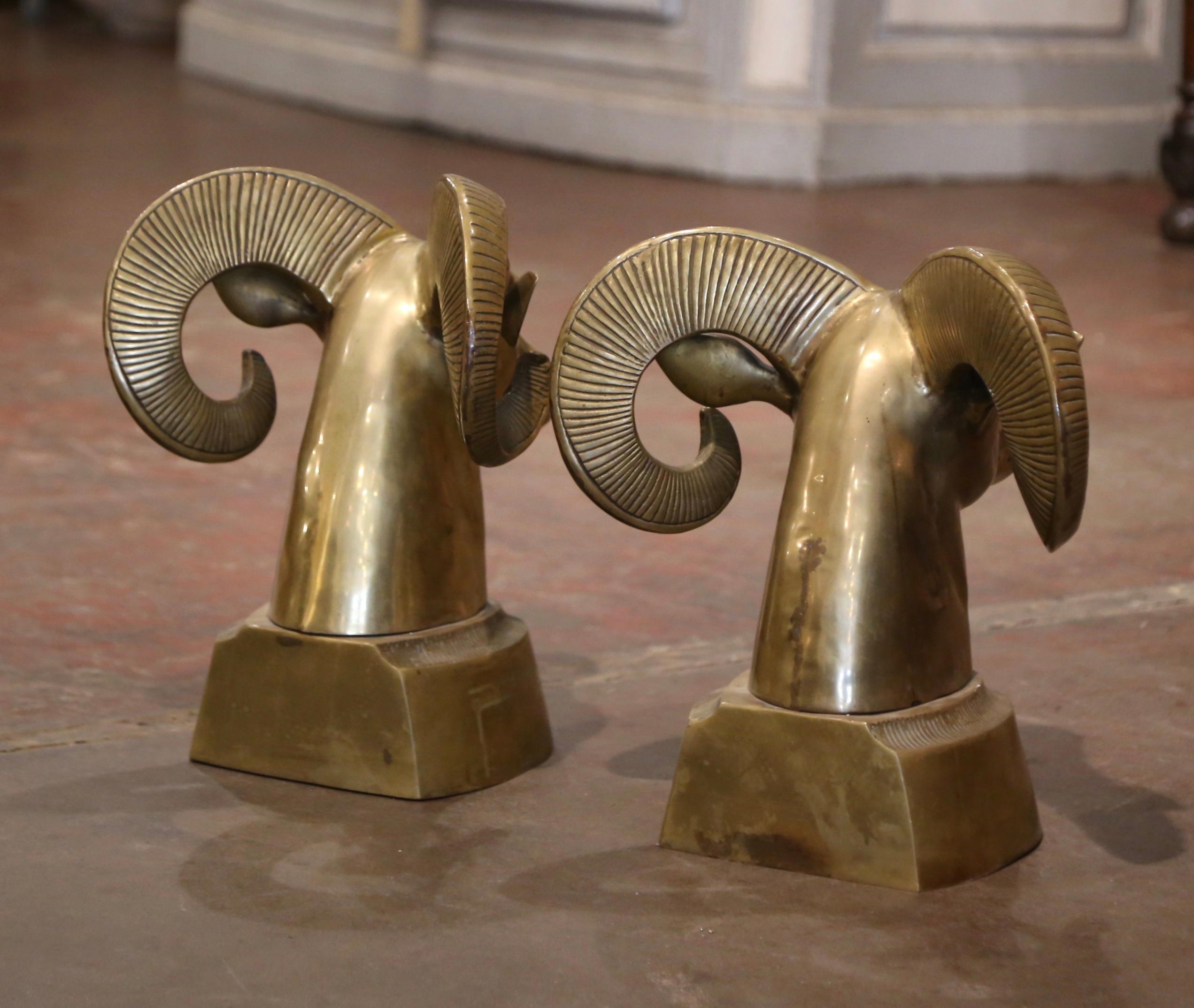 Pair of Vintage French Gilt Brass Ram Head Sculptures For Sale 3