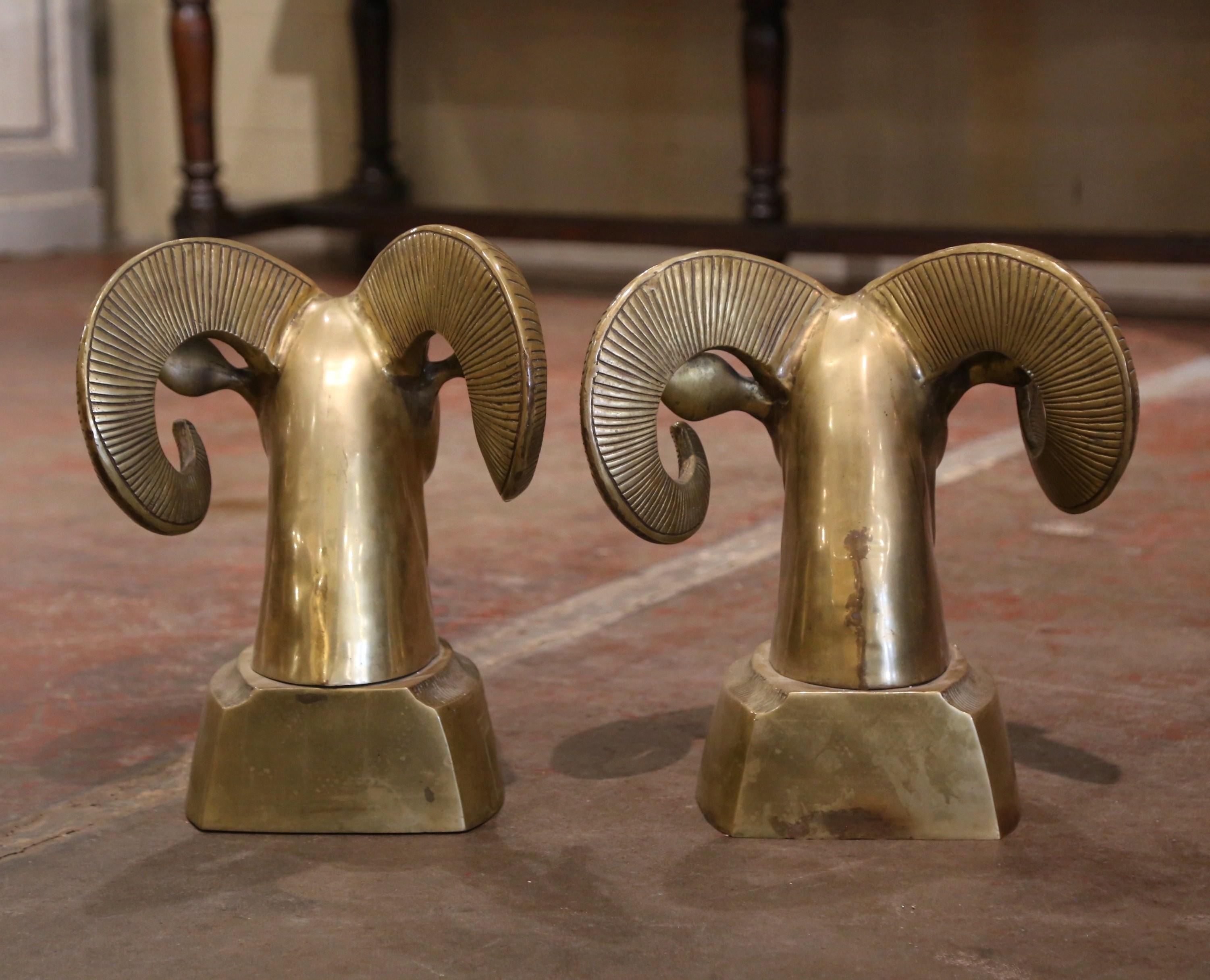 Pair of Vintage French Gilt Brass Ram Head Sculptures For Sale 4