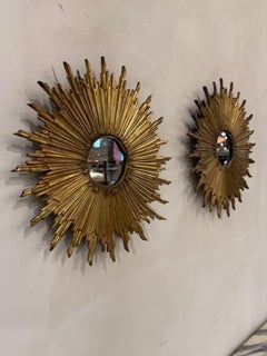 Pair of Vintage French Gilt Bronze Sunburst Mirrors