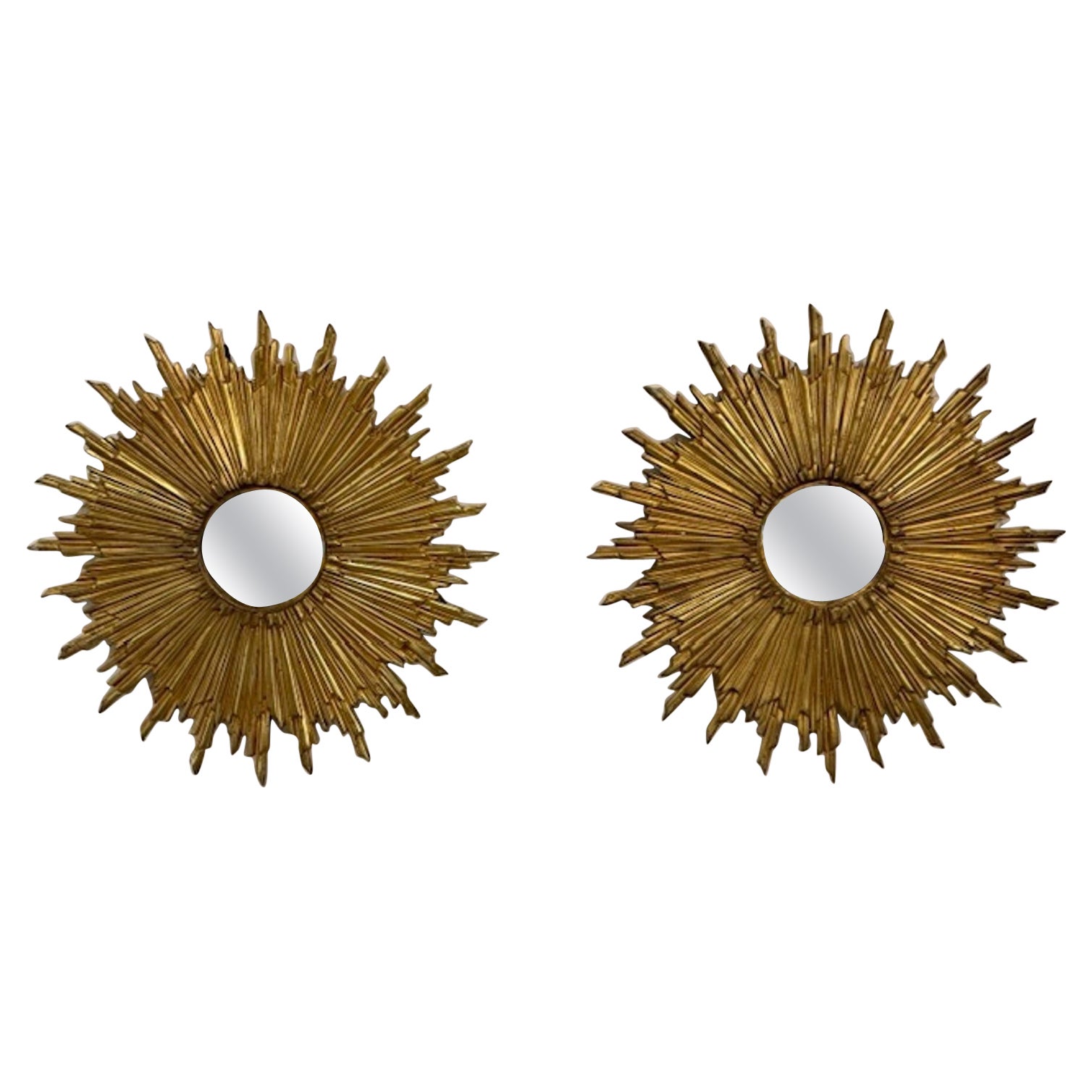 Pair of Vintage French Gilt Bronze Sunburst Mirrors