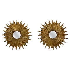 Pair of Vintage French Gilt Bronze Sunburst Mirrors