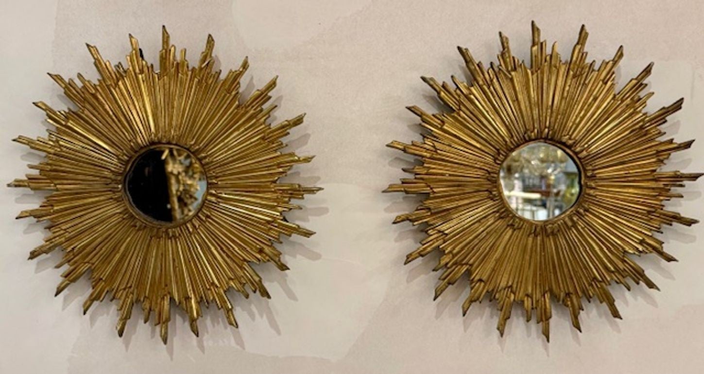 Pair of Vintage French Gilt Bronze Sunburst Mirrors