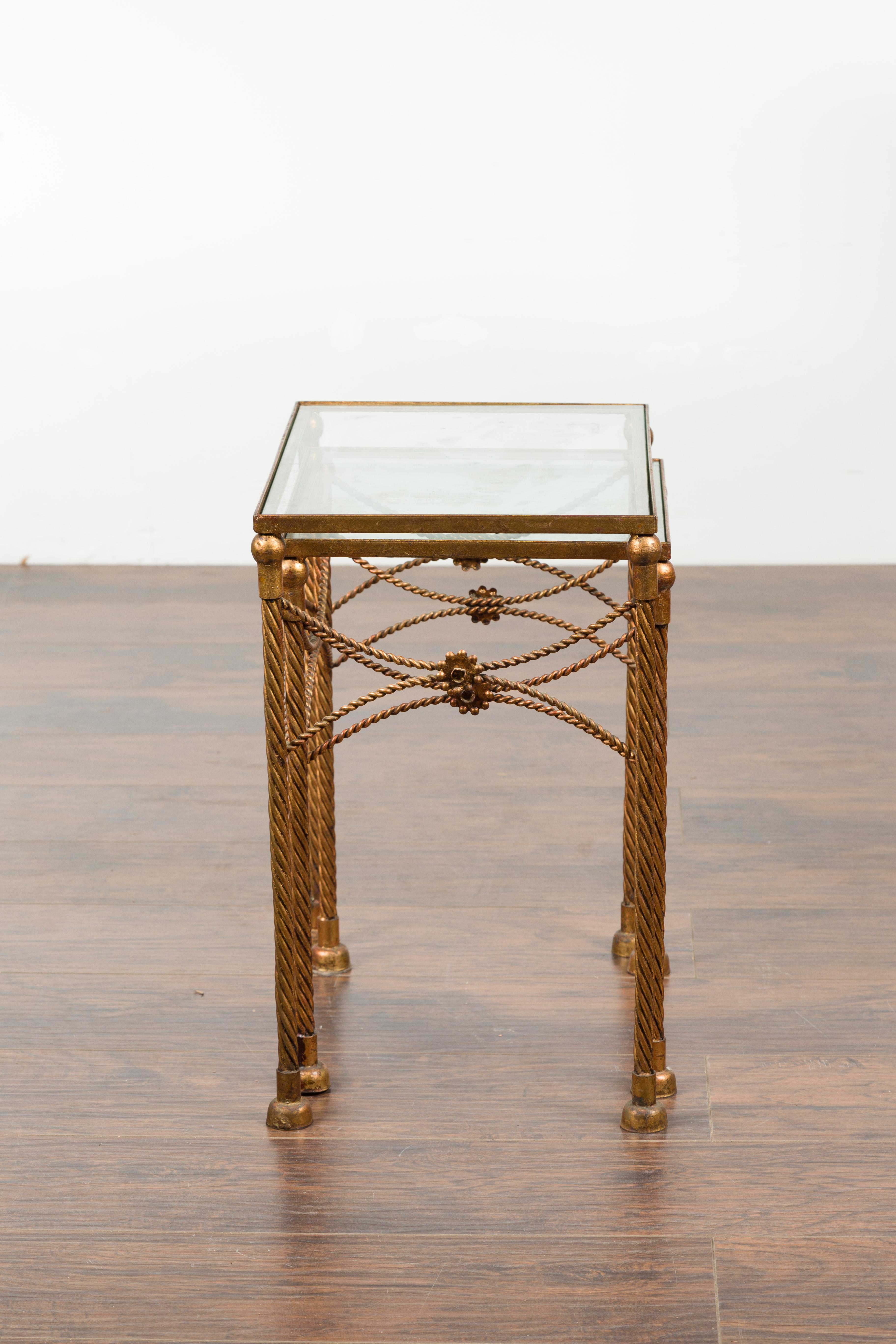 Pair of Vintage French Gilt Metal Midcentury Nesting Tables with Glass Tops For Sale 5