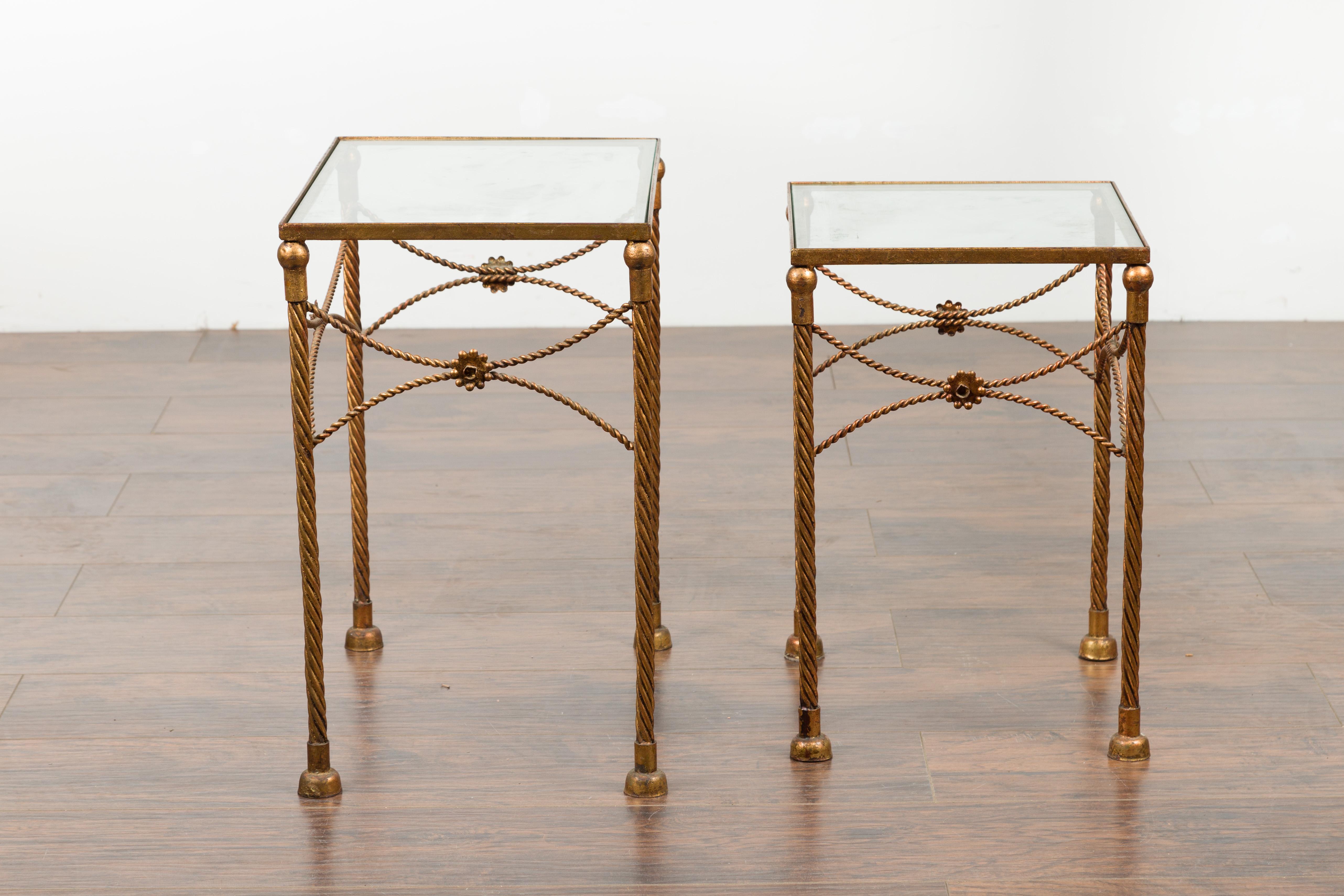 Pair of Vintage French Gilt Metal Midcentury Nesting Tables with Glass Tops For Sale 7