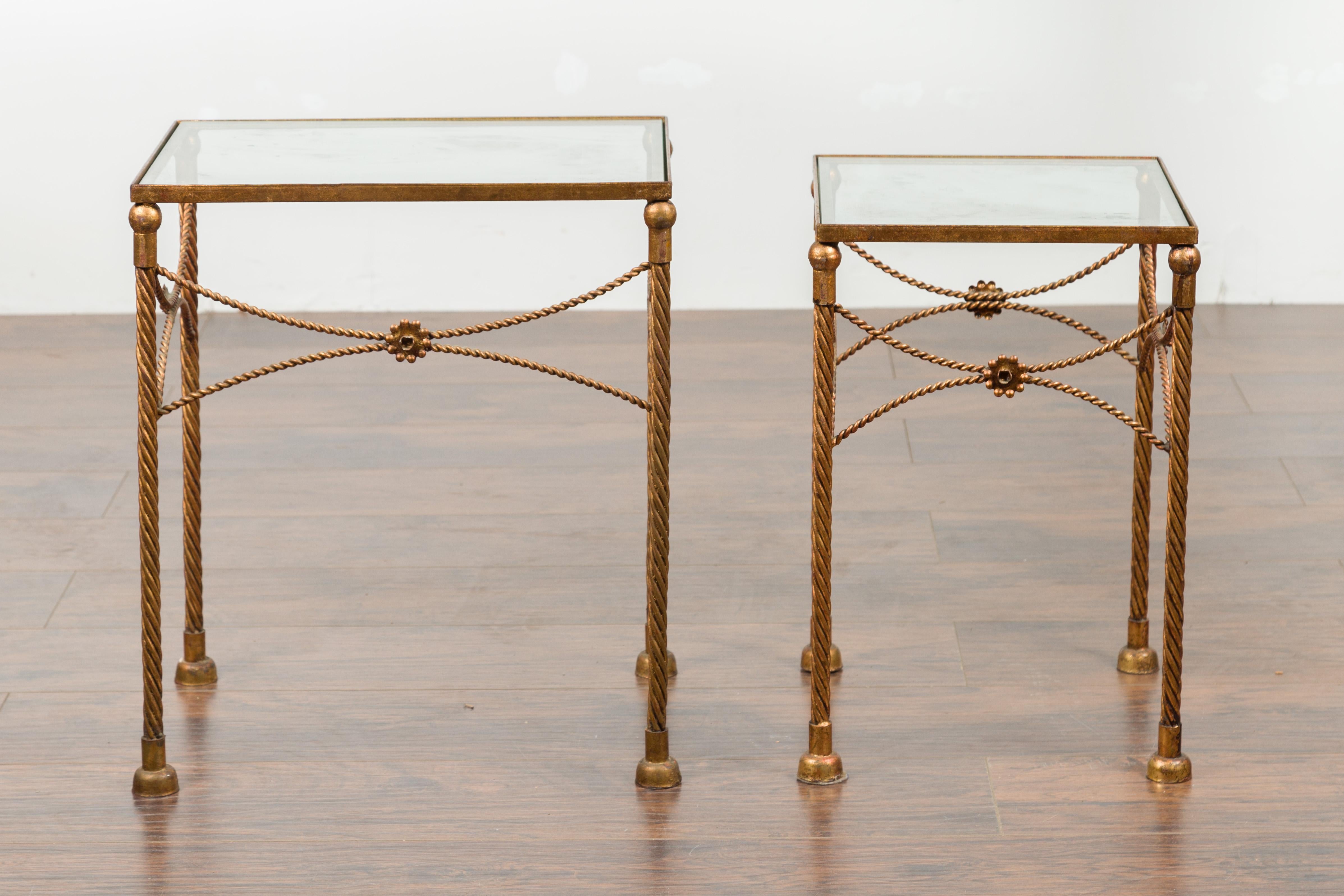 Pair of Vintage French Gilt Metal Midcentury Nesting Tables with Glass Tops For Sale 8