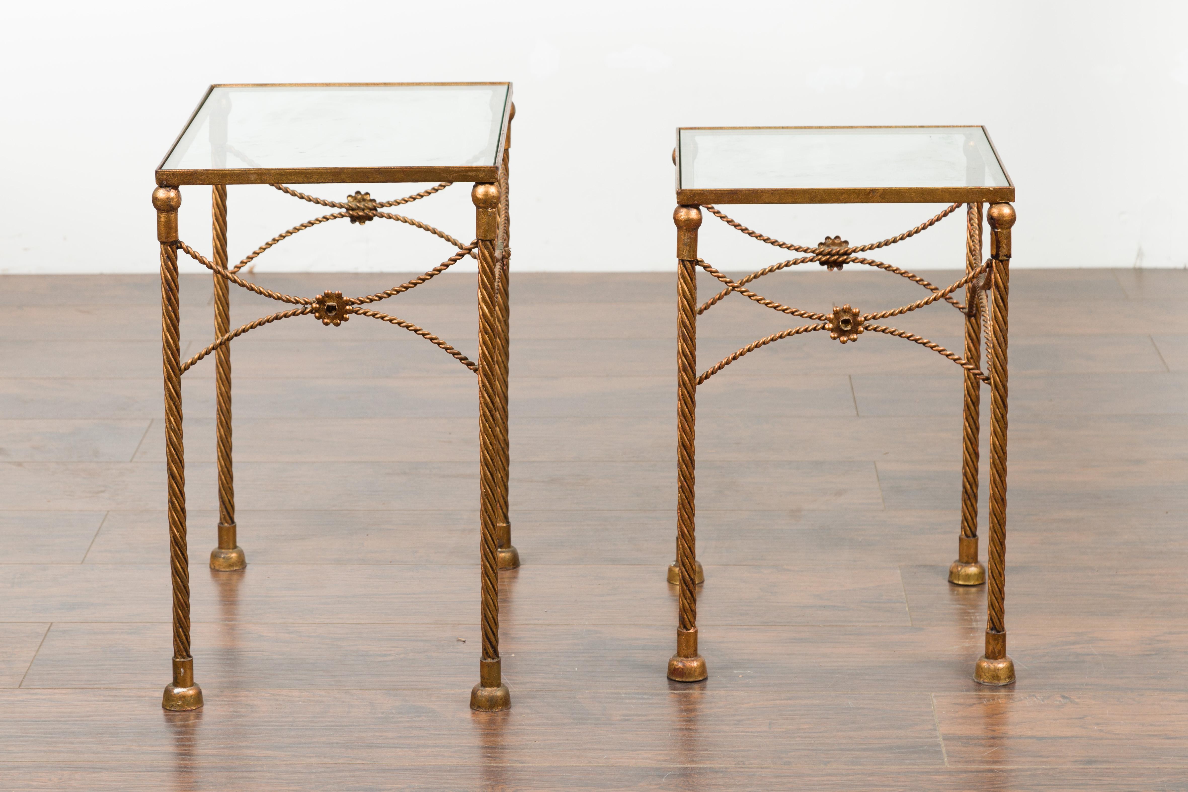 Pair of Vintage French Gilt Metal Midcentury Nesting Tables with Glass Tops For Sale 9