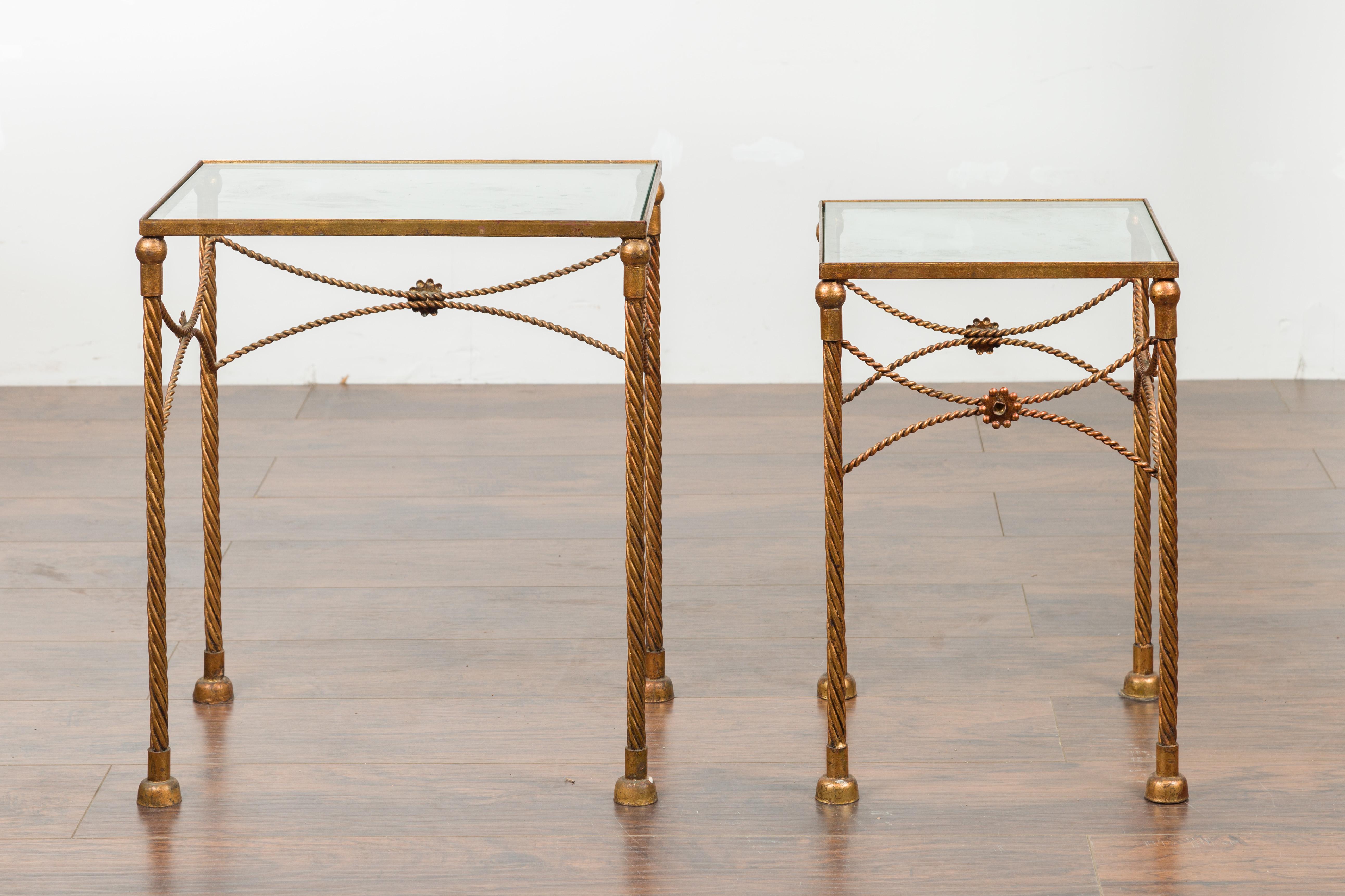 Pair of Vintage French Gilt Metal Midcentury Nesting Tables with Glass Tops For Sale 10